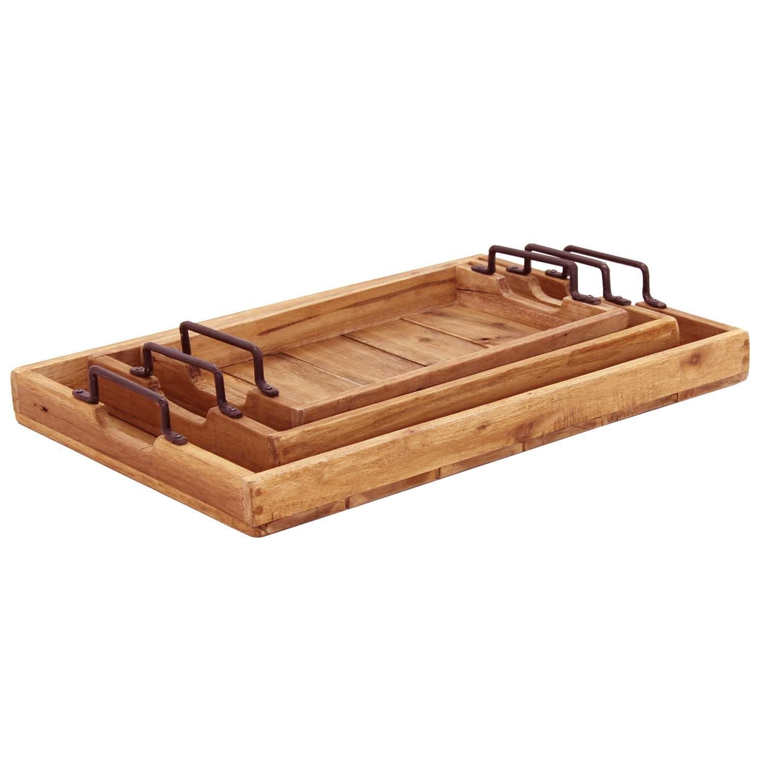 Casa Moro Dekotablett Holz Tablett Gloria 3er Set mit Metall Griff Serviertablett (Betttablett rustikal Frühstückstablett in Landhaus Stil, 3 St), aus massiv Holz gefertigt