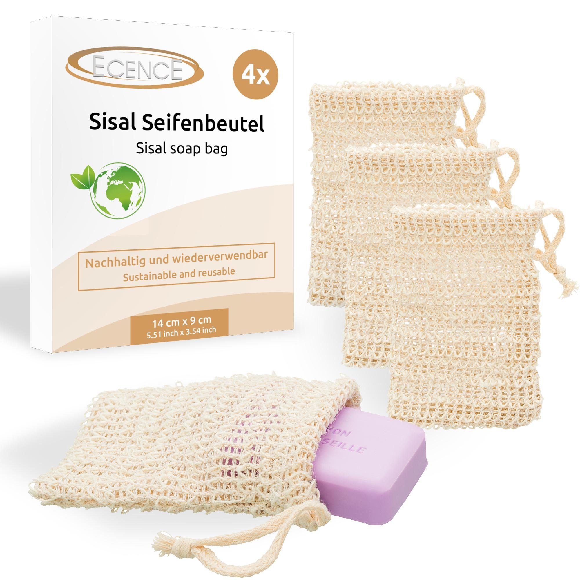 Sisal Seifennetz ECENCE Seifenbeutel 4x (4-tlg) Seifensäckchen Waschhandschuh