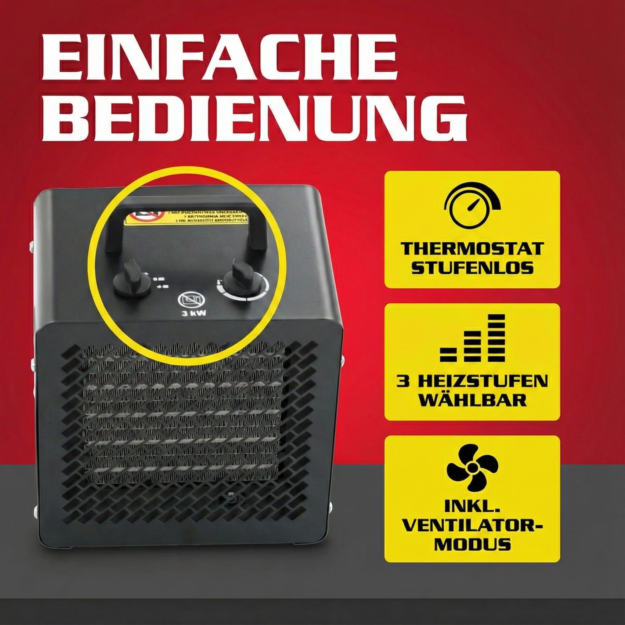 Hecht Keramikheizlüfter Elektro 2in1 Ventilator 3545, bis 60m², 3 Heizstufen, Thermostat, 3000 W, Tragegriff, PTC, 1,8 kg, Heizer Elektrische Heizung, Stufenlos – Bild 4 von 5