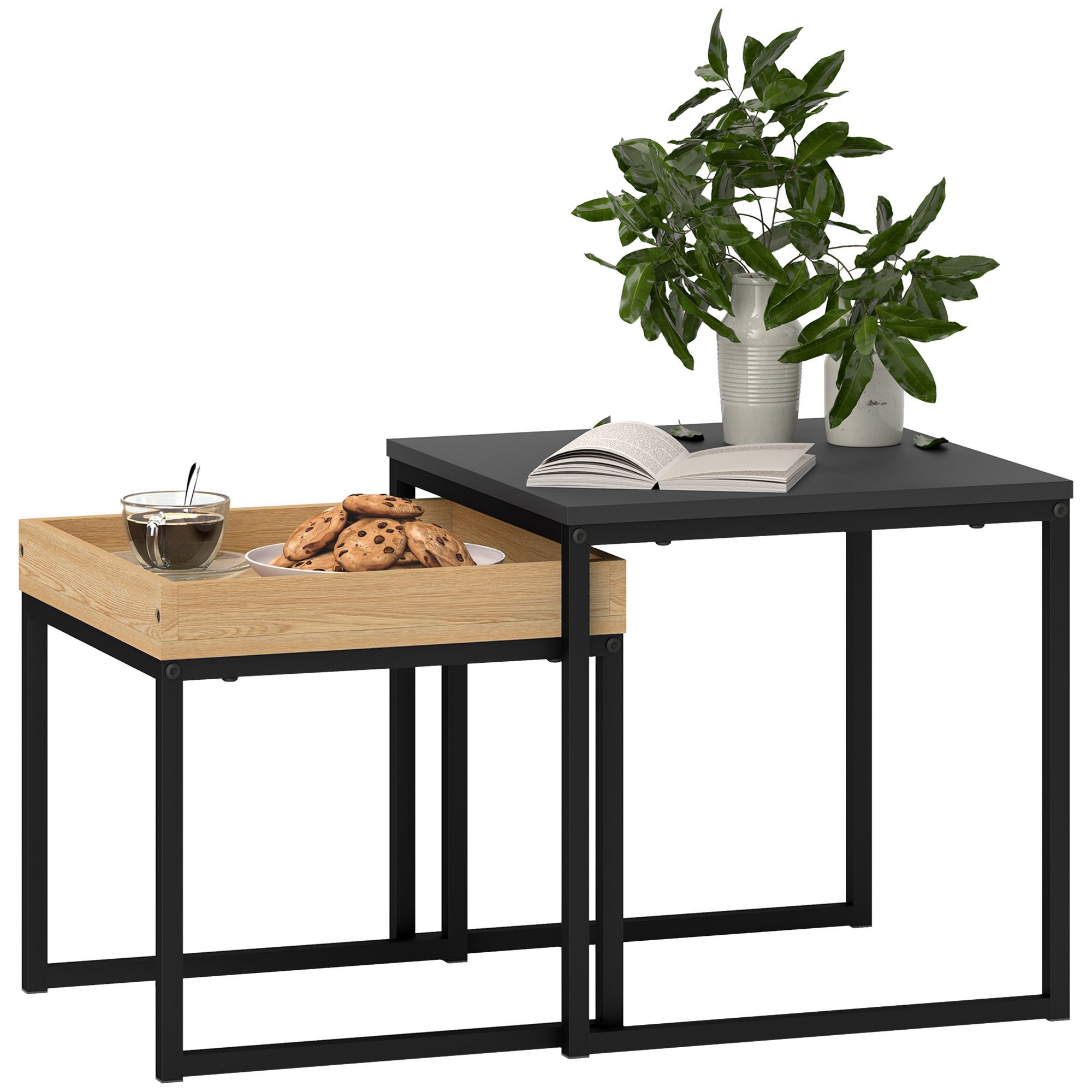 HOMCOM Couchtisch Satztisch mit Abnehmbarem Tablett, Stahlgestell, für Schlafzimmer (Kaffeetisch, 2-St., Eckiger Beistelltisch), für Wohnzimmer, bis 30 kg Belas – Bild 2 von 5
