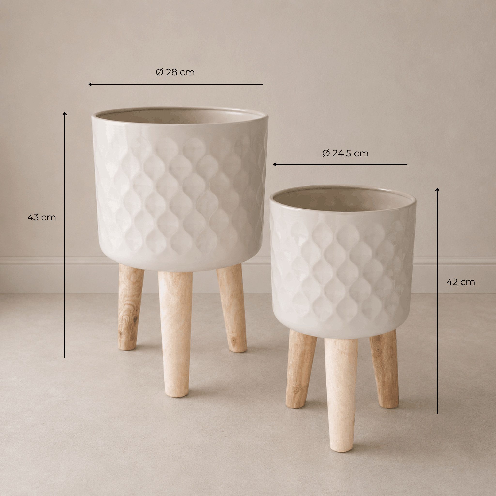 matches21 HOME & HOBBY Blumentopf Blumentöpfe 2er Set Beige Ø 24,5 x 60 cm & 28 x 67,5 cm mit Füßen (2 St), Übertöpfe aus Metall mit Holz Beinen – Bild 2 von 5