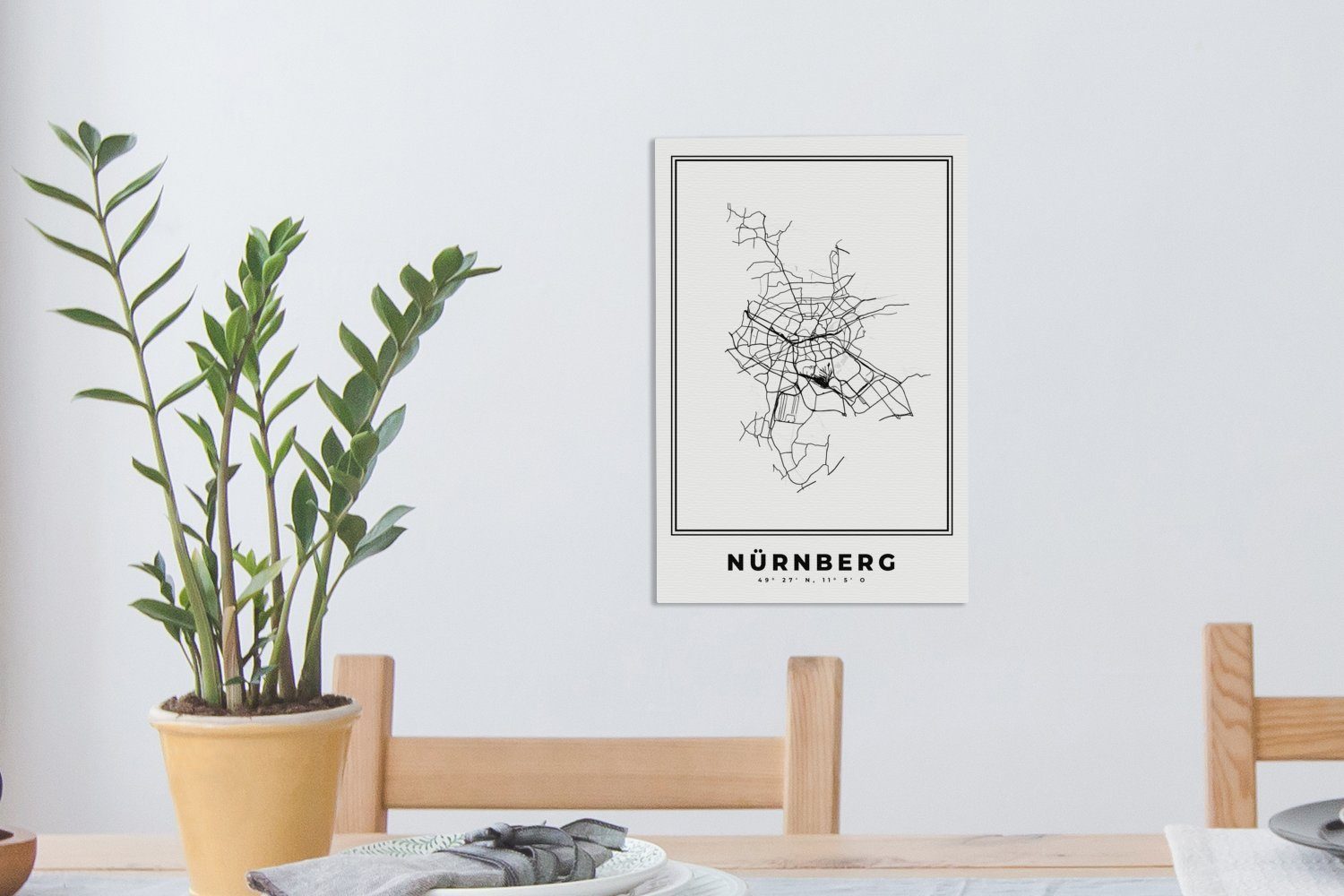 OneMillionCanvasses® Leinwandbild Leinwandbild Zackenaufhänger, - - Karte inkl. Deutschland, (1 20x30 Gemälde, bespannt fertig - - Stadtplan cm St), Nürnberg Schwarz-weiß