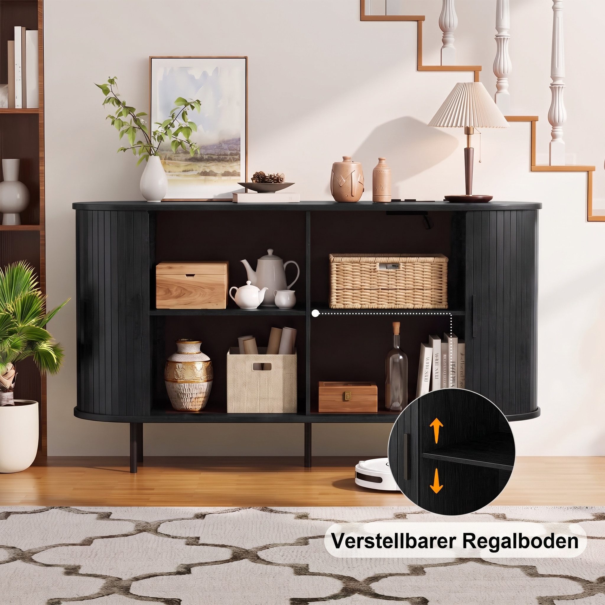 Bealife Sideboard in Holzoptik mit Rolltüren & Metallbeinen, 140x40x75cm – Bild 5 von 5