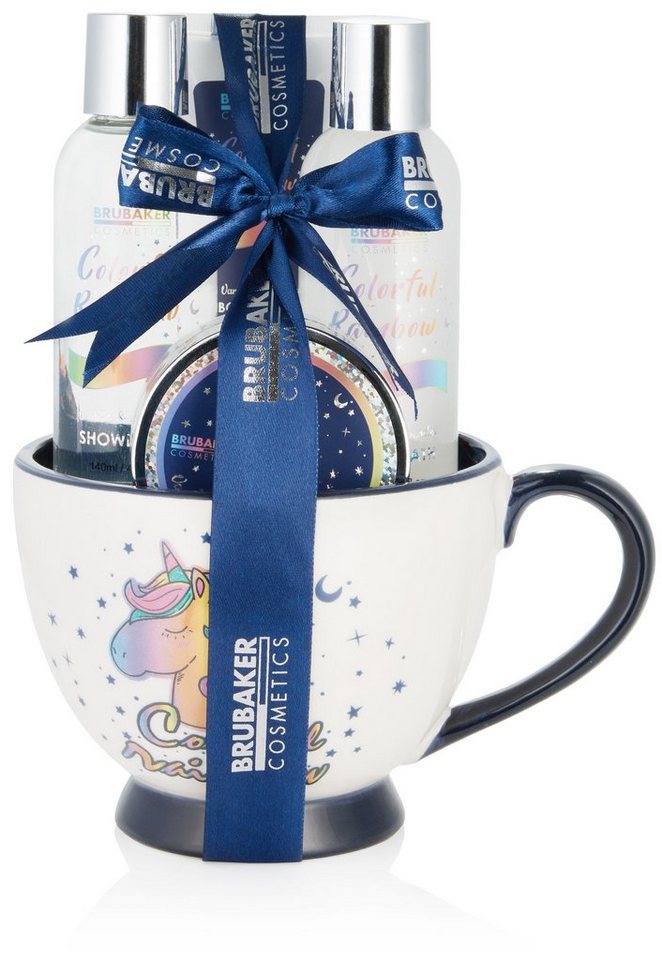 BRUBAKER Pflege-Geschenkset Einhorn Dusch- und Badeset Vanille & Lavendel Duft, 5-tlg., Frauen Geschenkset in XXL Kaffeebecher, Pflegeset für Damen