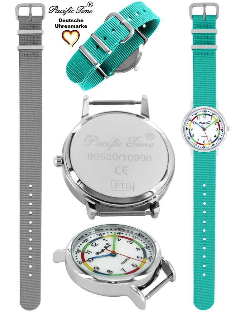 Pacific Time Quarzuhr Set Match Versand grau Kinder Lernuhr Wechselarmband, Design und türkis Gratis Mix First Armbanduhr und 