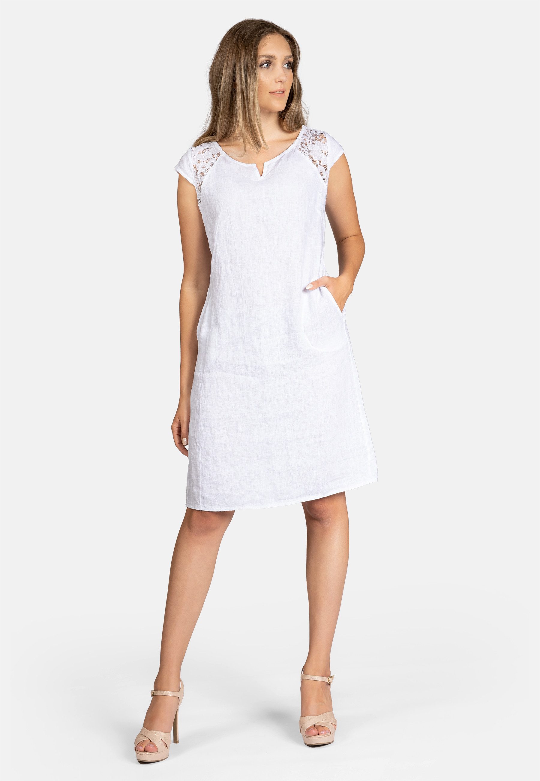 Caspar Sommerkleid SKL042 Damen Sommer Leinenkleid mit dezentem Spitzeneinsatz Luftig leicht, figurumspielende Form, mit seitlichem Jersey-Einsatz