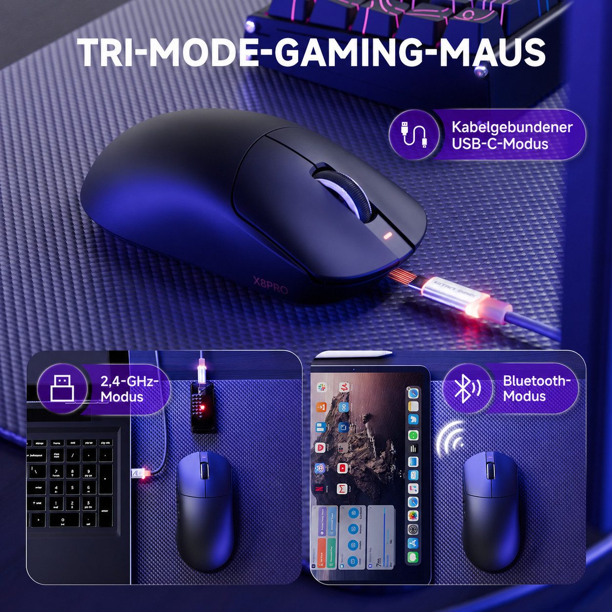 ATTACK SHARK X8PRO 8K-Polling Rate 55g Kabellose Gaming-Maus Gaming-Maus (2,4 G/Wied/BT, PAW3395PRO Sensor,BK52820 MCU) – Bild 2 von 5