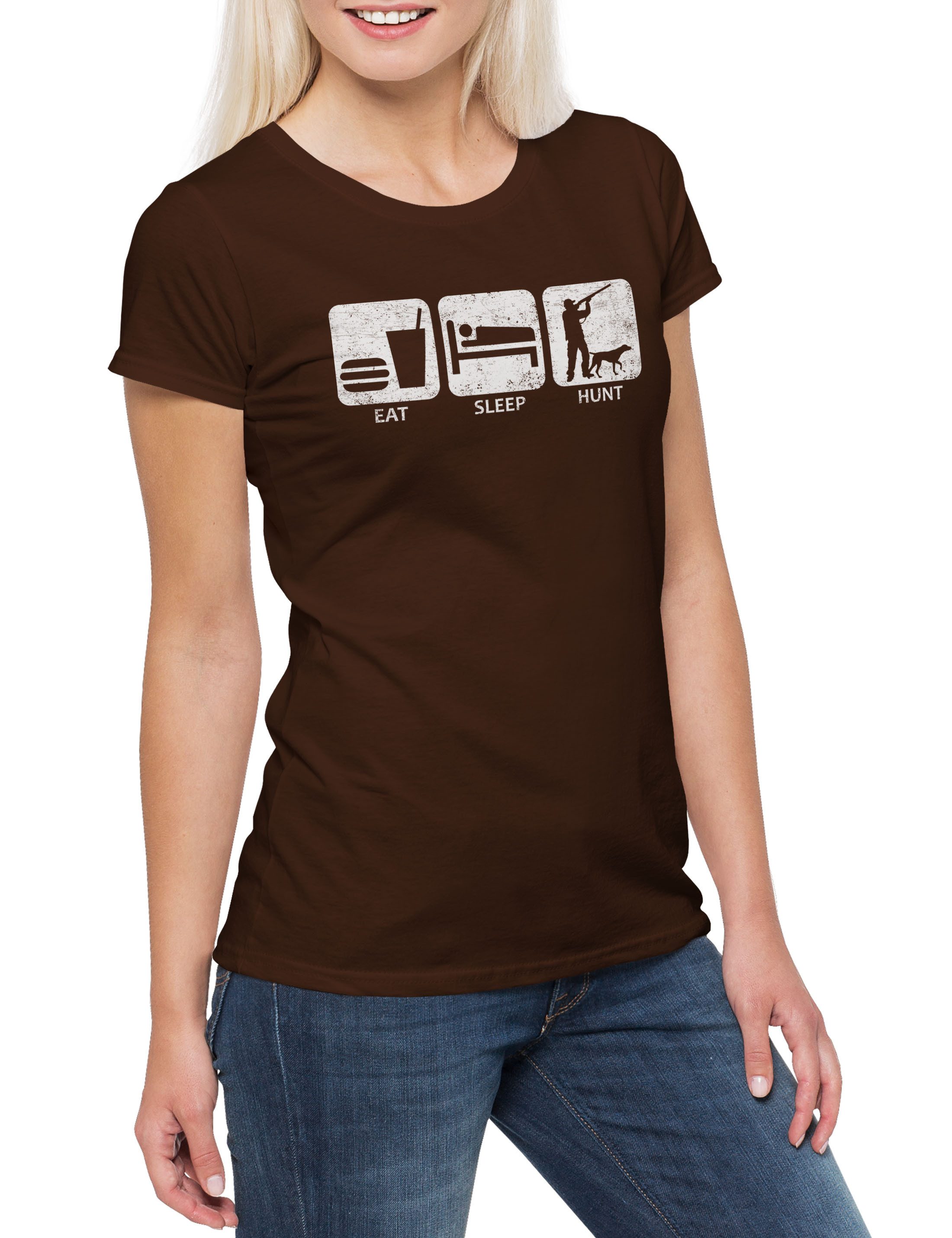 Urban Backwoods Print-Shirt Eat Sleep Hunt Damen T-Shirt Hunting Hunter Jäger Jagen Jagd Revier (1-tlg) Geweih Rack Hirsch Deer