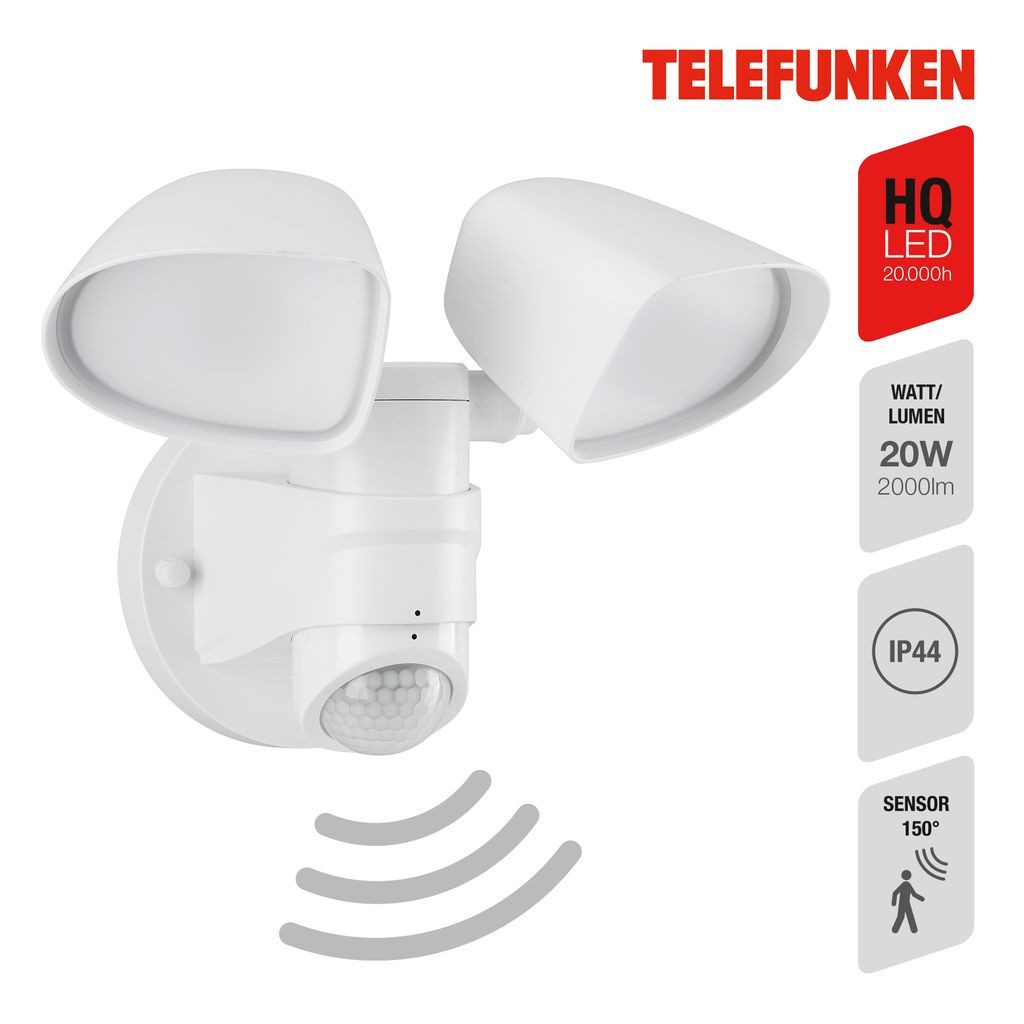 Telefunken Außen-Wandleuchte 304606TF, Leuchtdauer einstellbar, LED fest integriert, 2700K - Extra-Warmweiß, Außenleuchte Sensor IP44 4000K 2000lm 20W 25,8x21,8x16cm