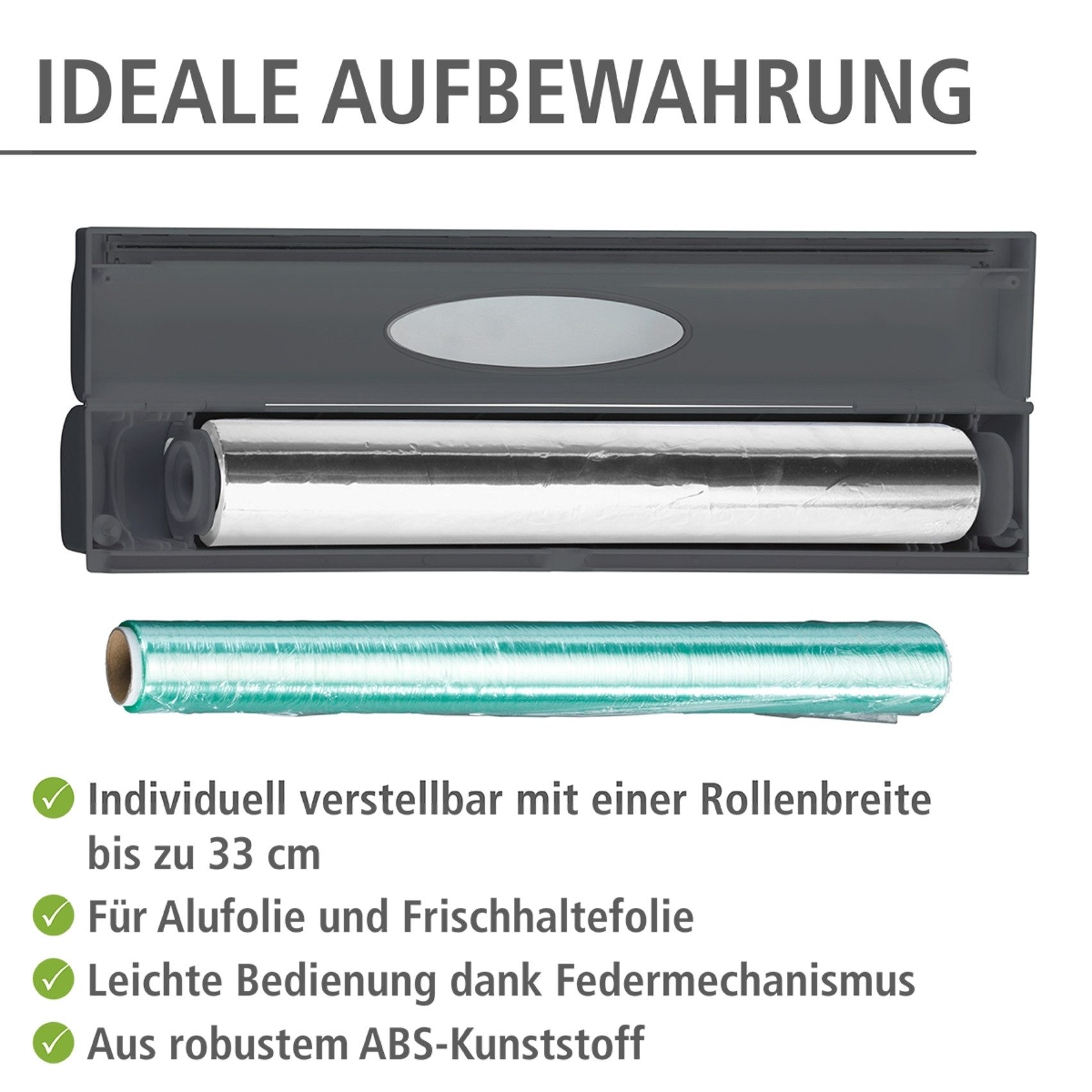 WENKO Folienspender Modell Perfect-Cutter, für Folienrollen bis 33 cm Breite, für Alufolien und Frischhaltefolien