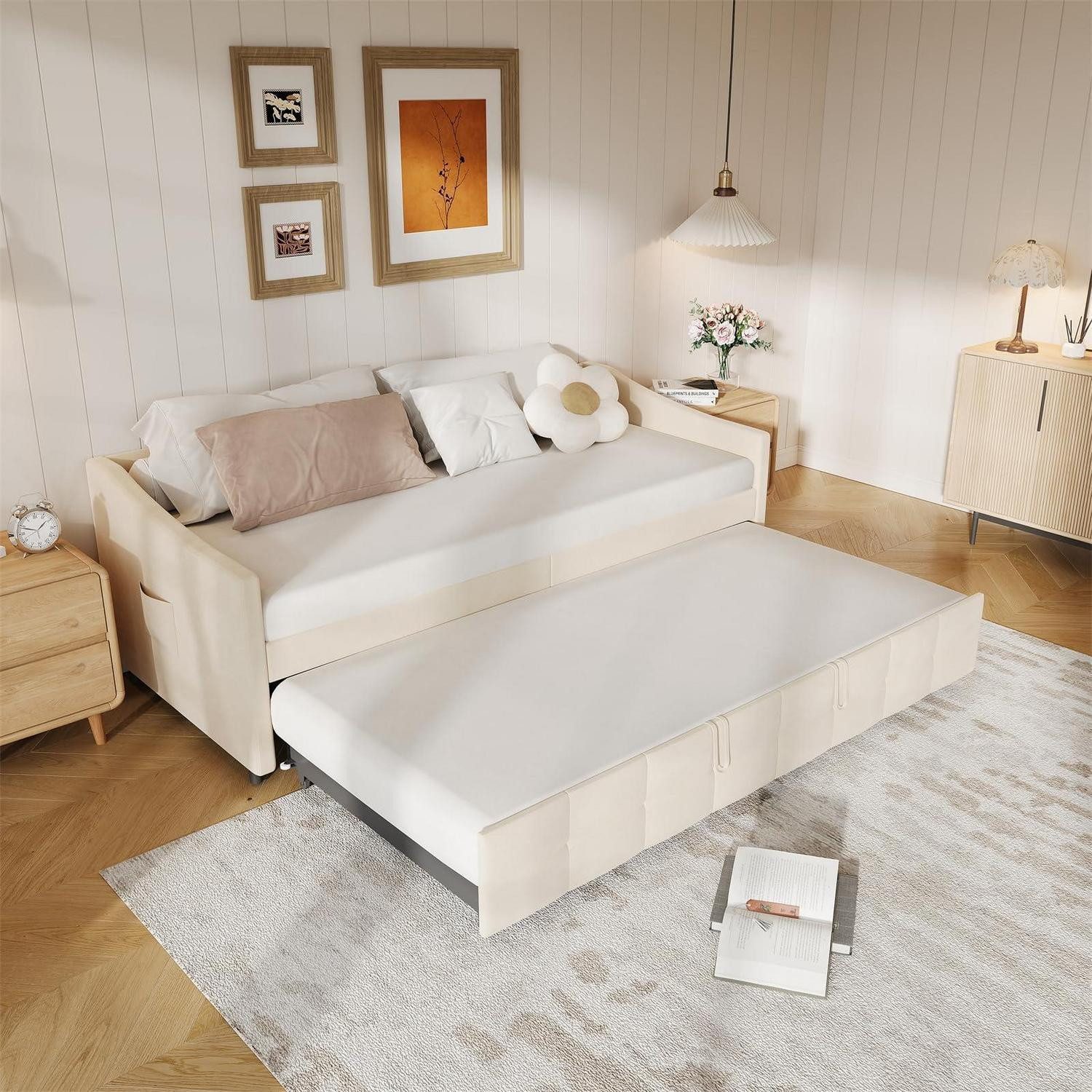 LuxusKollektion Schlafsofa Schlafsofa 90x200cm Samt Creme-Weiss, 1 Teile