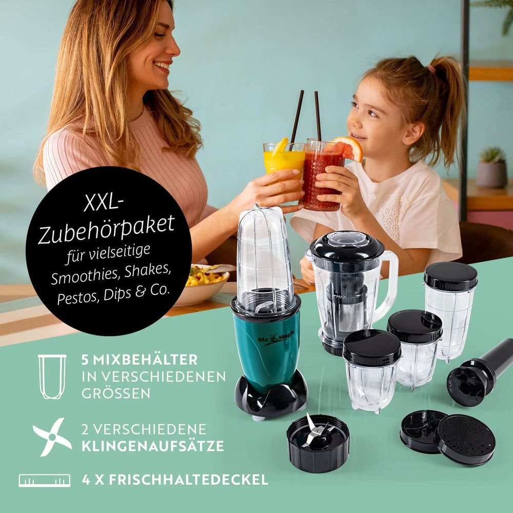GOURMETmaxx Standmixer Smoothie Maker & Standmixer 18tlg. Set - 400W, 400 W, Mixer inkl. 4 To-Go Becher, 2 Klingen, Entsafter, Stößel & Deckel