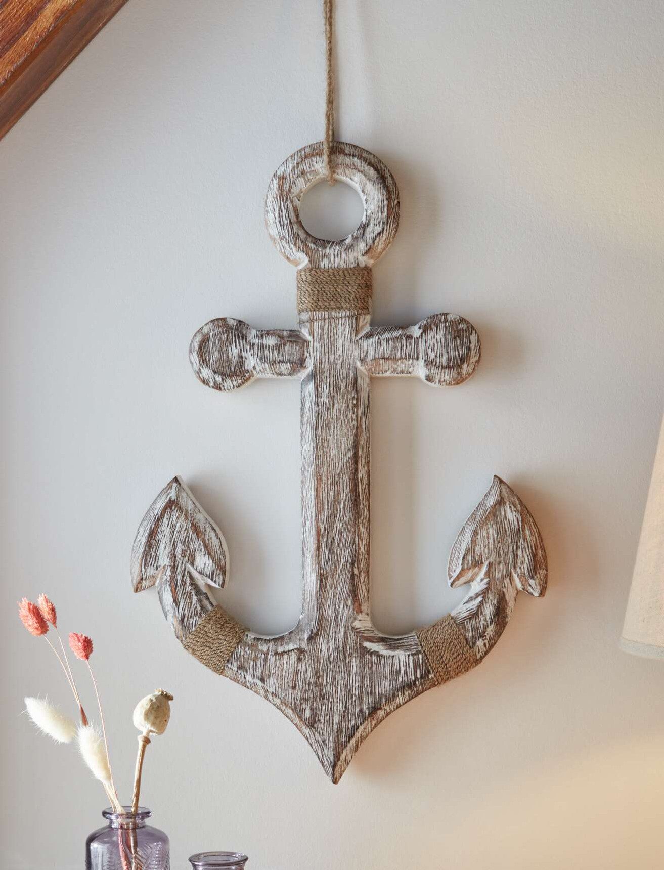 Dekoleidenschaft Wanddekoobjekt "Anker" Dekofigur aus Mango Holz weiß Dekohänger Shabby Look, maritim, 31x48 cm, Deko für Wand Fenster & Tür, Sommerdeko, Urlaub Meer Strand