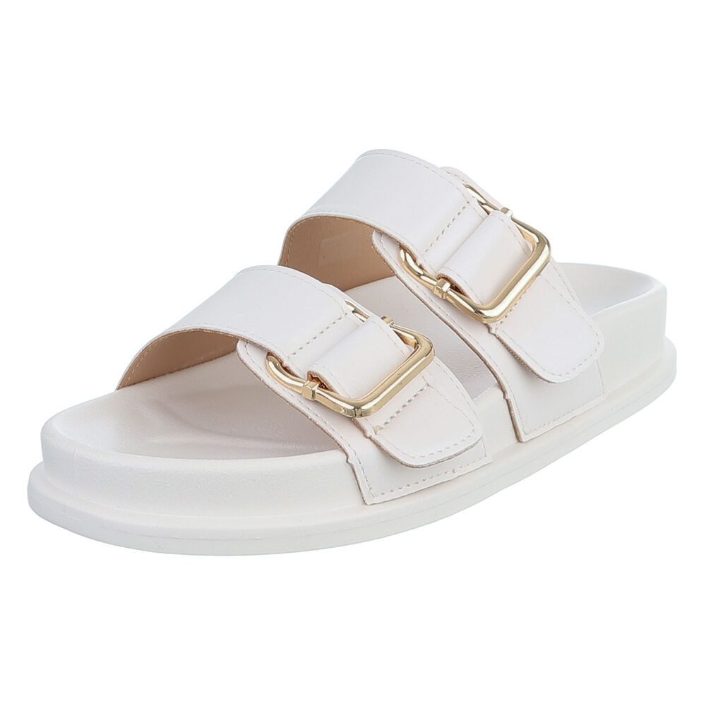 Ital-Design Damen Freizeitsandale mit Schnallen und Fußbett Pantolette (91970988) Flach Pantoletten in Weiß
