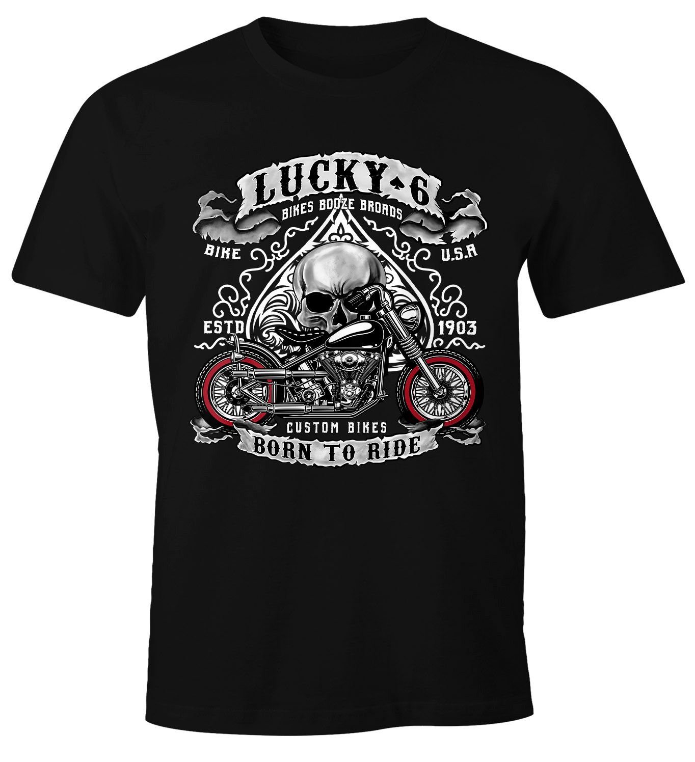 Moonworks® MoonWorks T-Shirt Biker Print Lucky USA Shirt Motorrad Print-Shirt mit Totenkopf Pik 6 Herren Shopper