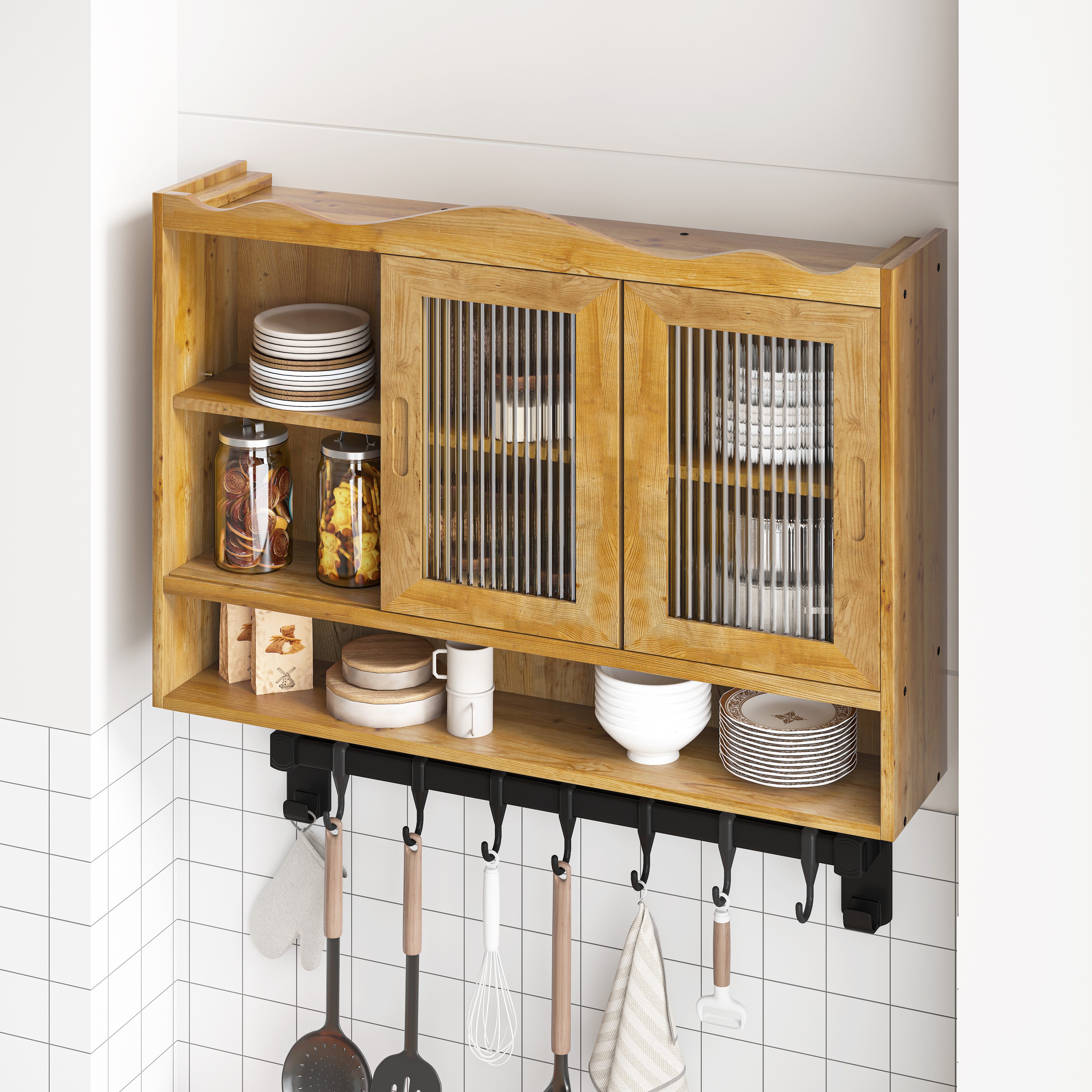 Celya Wandhängeschrank 90 cm Retro-Schiebetürenschrank, mit zwei Türen und drei Ablageflächen, Natürlich – Bild 4 von 5