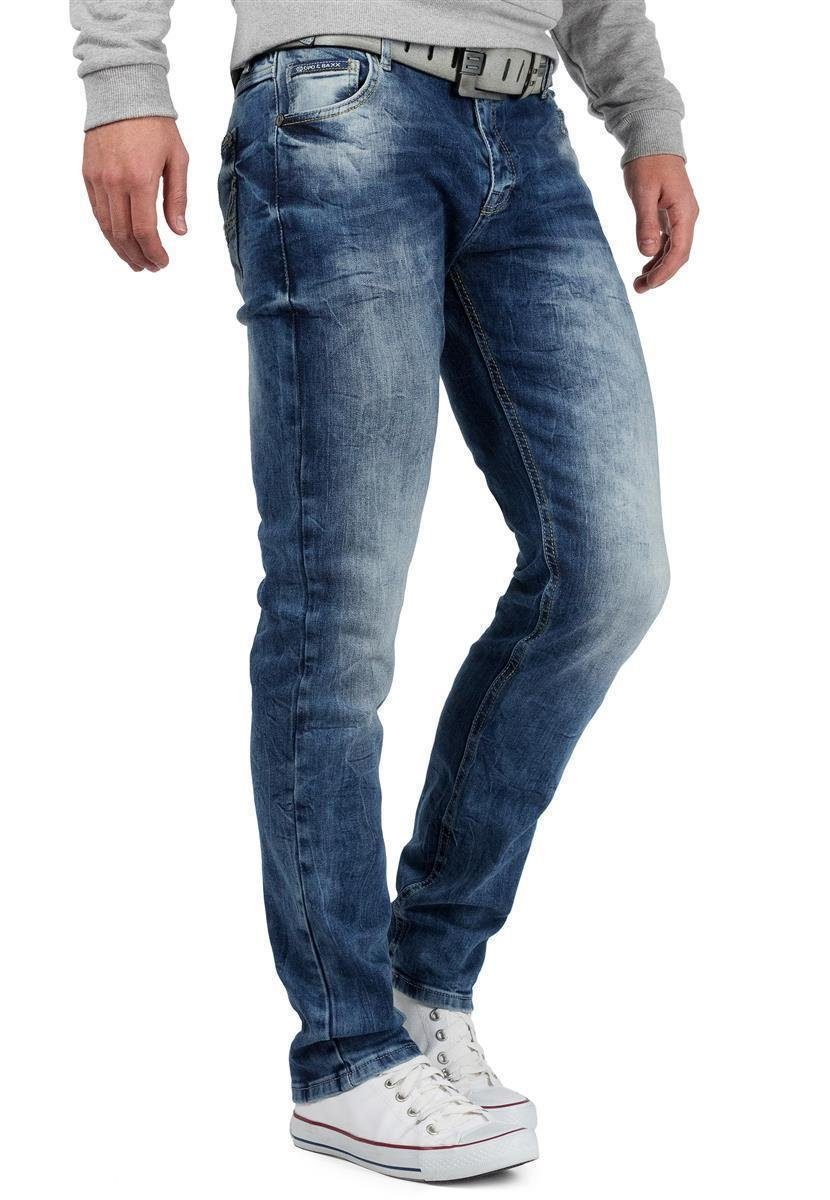 Cipo & Baxx Slim-fit-Jeans Herren Slim Fit Hose Stonewashed BA-CD533 Kontrastnaht und verzierte Gesäßtaschen