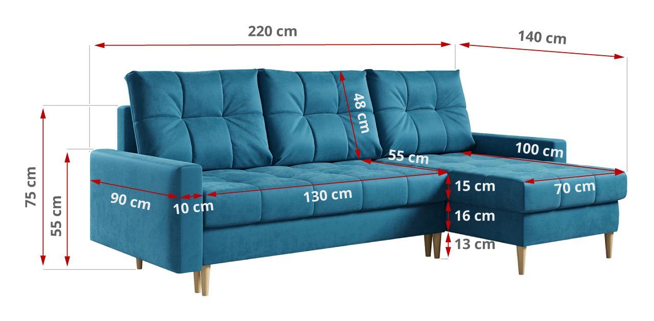 Ecksofa Astra, kronos MÖBEL lose Stil azurblau Skandinavischer Schlaffunktion, Polsterung, MKS Gesteppte Kissen,