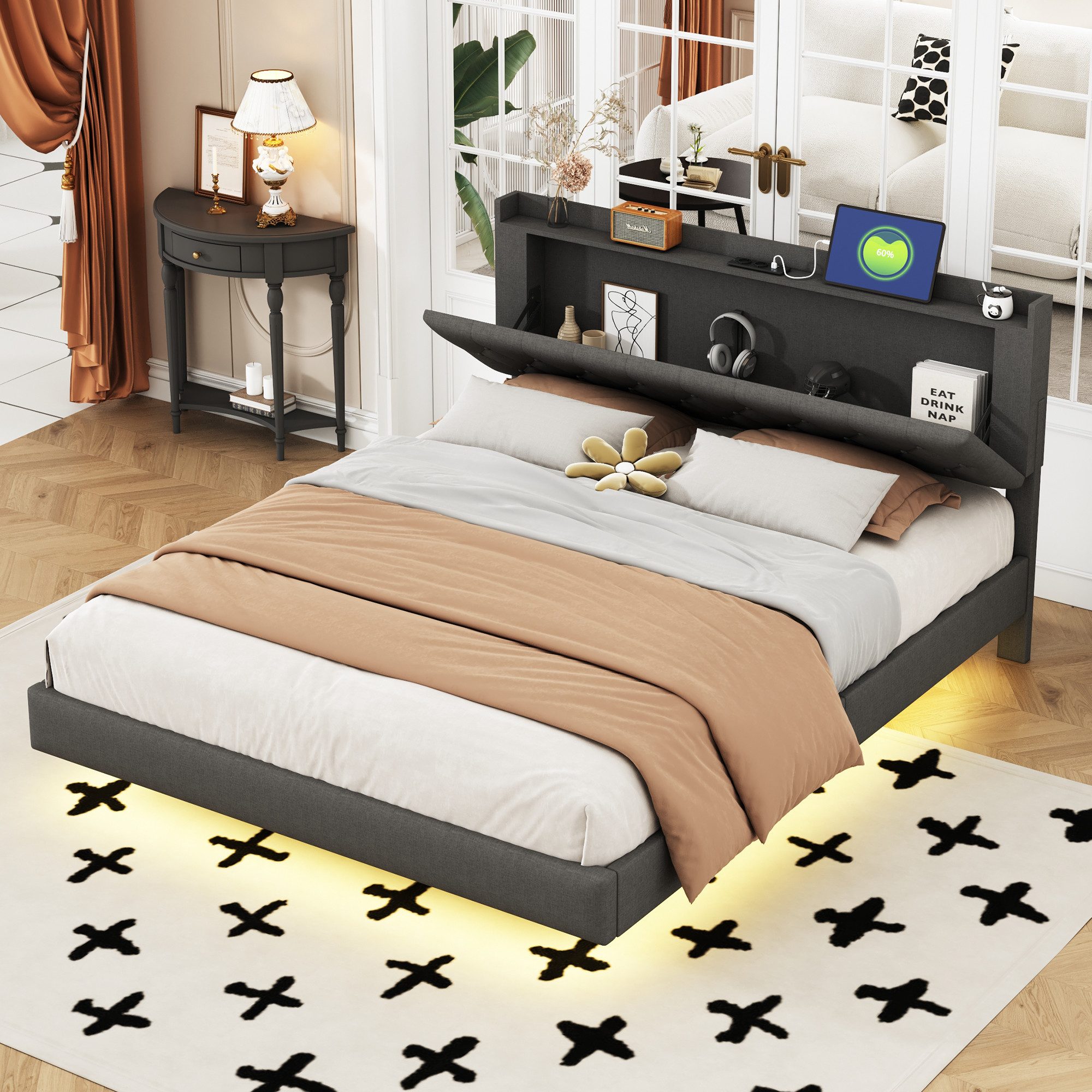 Flieks Polsterbett, LED Doppelbett 160x200cm mit Ladeanschluss und Stauraum günstig online kaufen