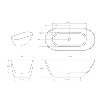 Bernstein Badewanne ROMA, (modernes Design / Acrylwanne / Sanitäracryl / mit Siphon), freistehende Wanne / Weiß Glänzend / 170 cm x 75 cm / Acryl / Oval