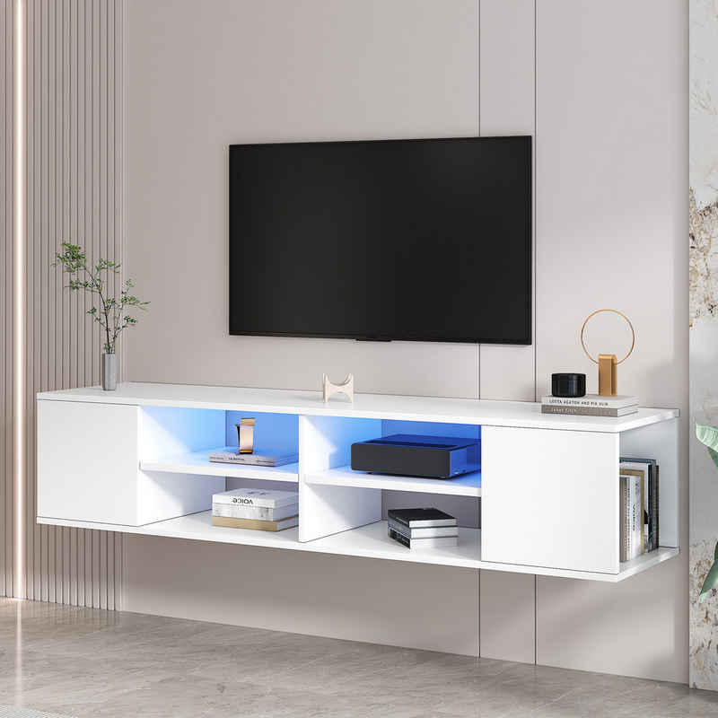 Merax Lowboard Scandi, Fernsehtisch, mit LED und 6 offenen Fächern, TV-Schrank Wandmontage/Freistehend