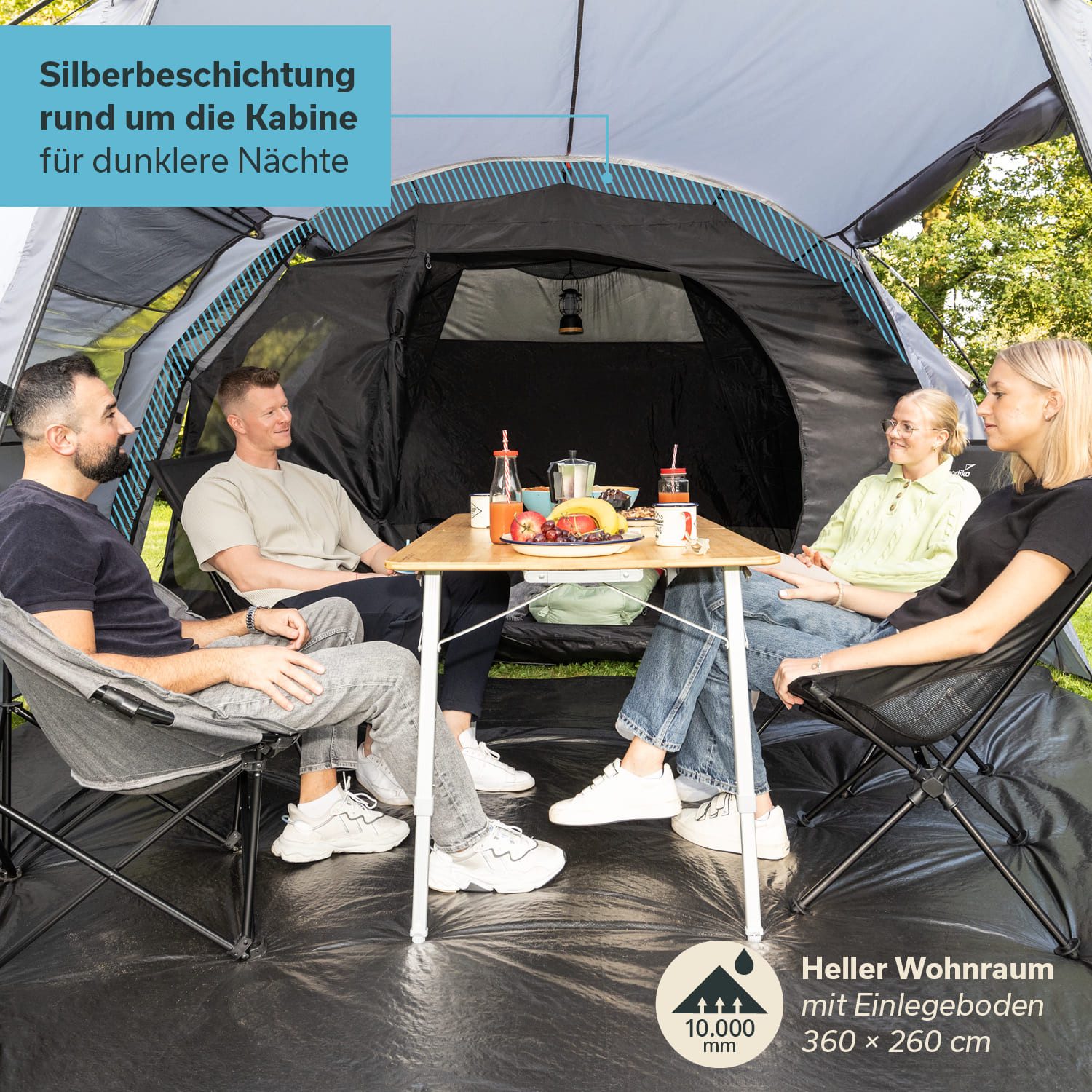 Skandika Tunnelzelt Kambo 6 Familienzelt mit dunkler Schlafkabine, 3 Eingänge, Tragetasche, Personen: 6 (Separater Eingang zur Schlafkabine, Haken für Lampenaufhängung), Wasserdicht, 3000 Wassersäule, Moskitonetz an Schlafkabine und Fenster