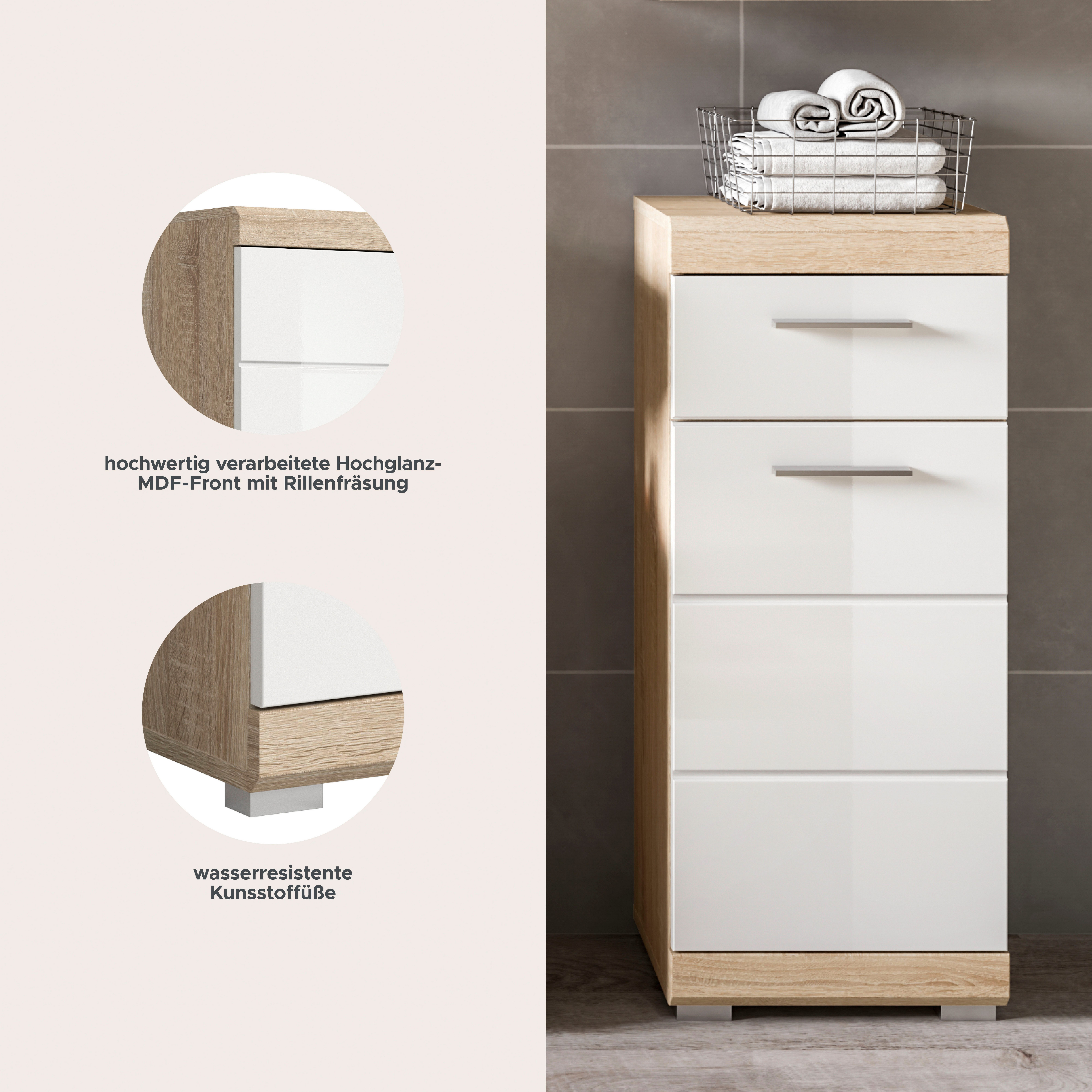 welltime Unterschrank SIENA, Breite 37cm, 1 Tür, 1 Schubkasten, 2 Fächer, MDF-Front (1-St., TOPSELLER) in verschiedenen Farben erhältlich, Badmöbel, Badschrank, Kommode, Bad