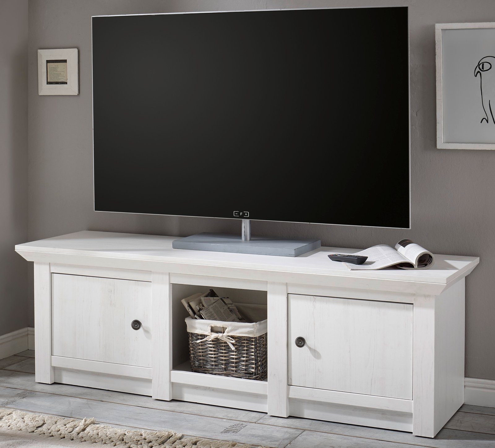 Furn.Design Lowboard Hooge (TV Unterschrank in Pinie weiß Landhaus, 152 x 51 cm), mit Stauraum