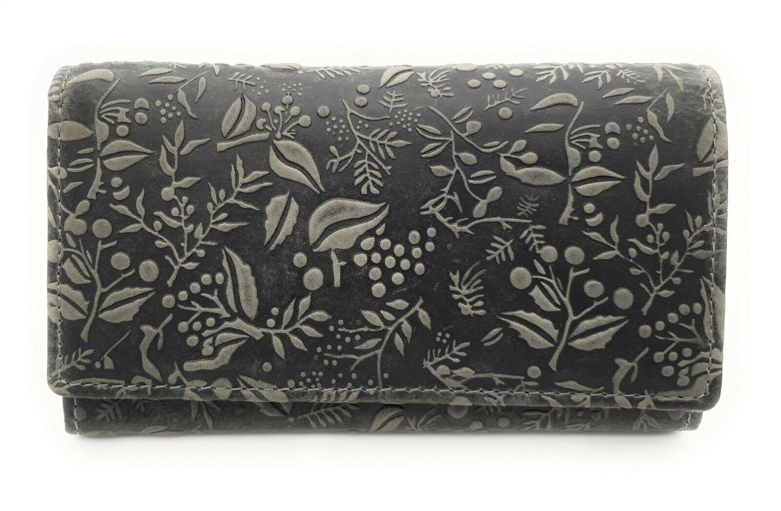 Hill Burry Geldbörse echt Leder Damen Portemonnaie mit RFID Schutz, mit wunderschöner, floraler Prägung, Farbe elegantes grau