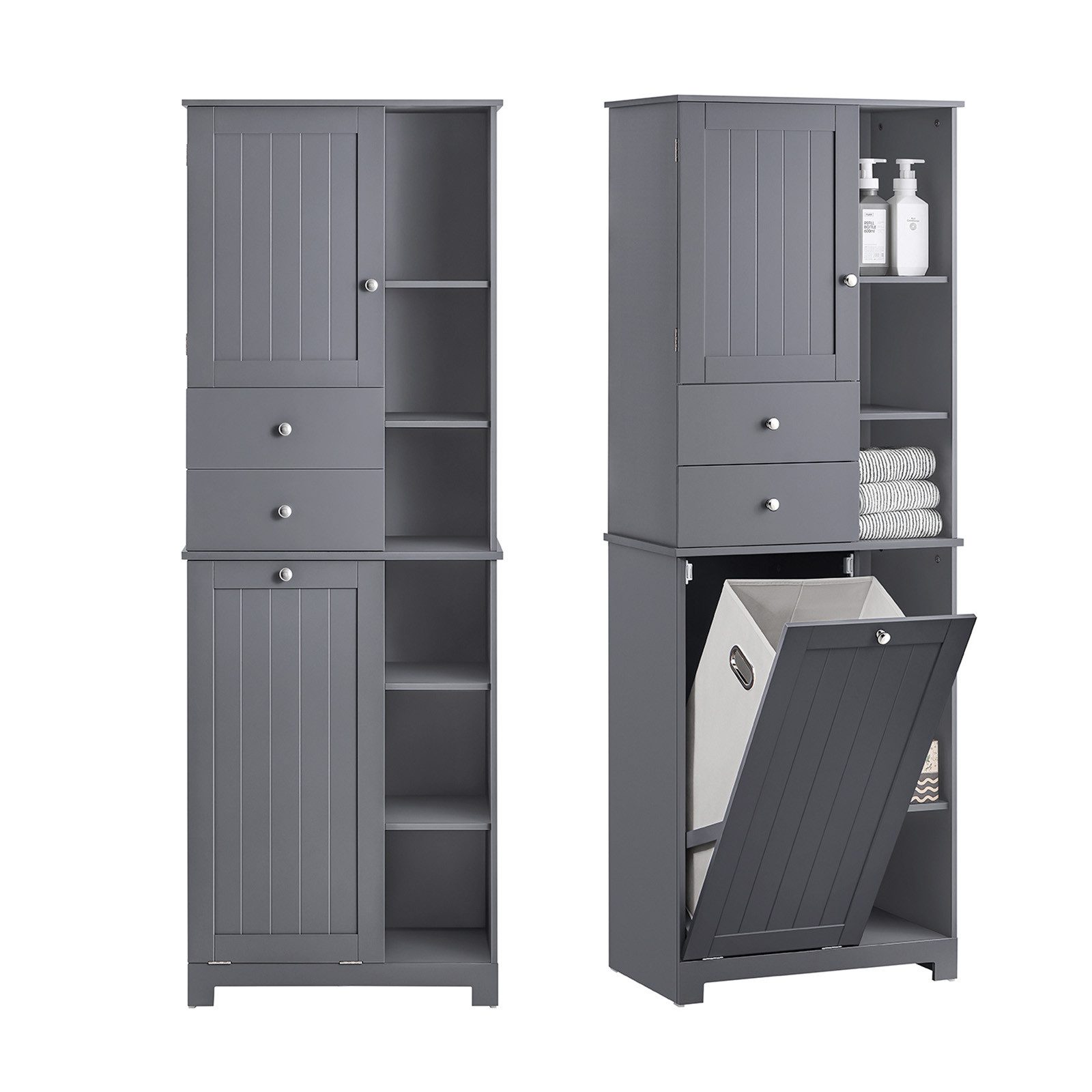 SoBuy Hochschrank BZR104, Badezimmerschrank, 4-in-1 Badkommode, Aufbewahrungsschrank Wäscheschrank, offenen Fächern, mit Wäschekorb, Schrank für Badezimmer