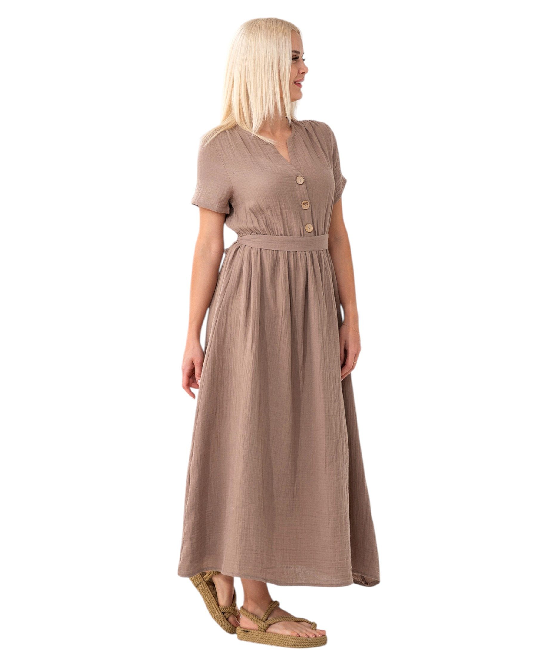 WENOR Sommerkleid Musselin Boho Kleid mit Knopfleiste & Taillenband, Freizeitkleid (1-tlg) Vorn mit Holzknöpfen, Bindegürtel an der Taille – Bild 5 von 5