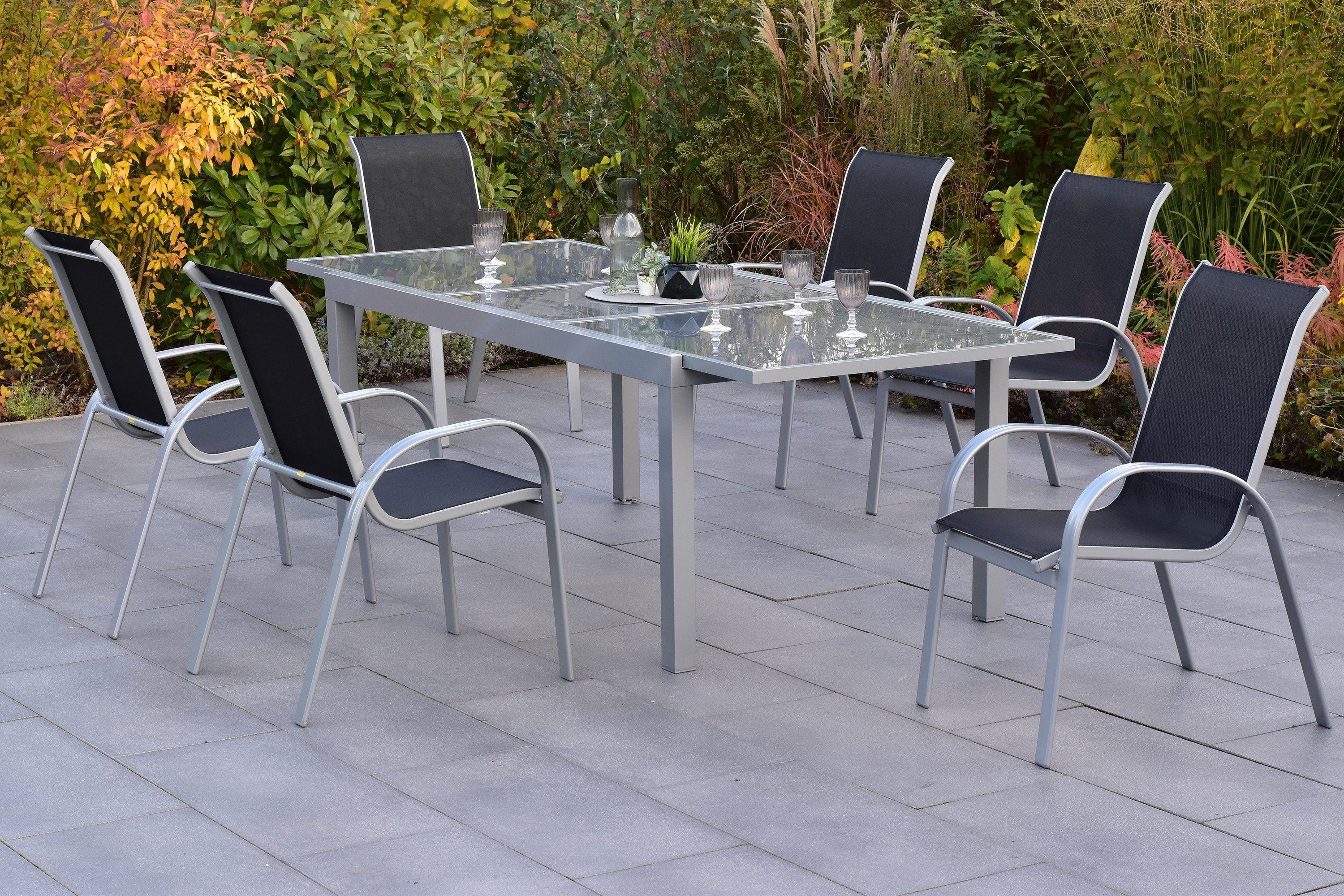 MERXX Garten-Essgruppe Amalfi, (Set, 7-tlg), inkl. 6 Stapelsessel, 1 Ausziehtisch
