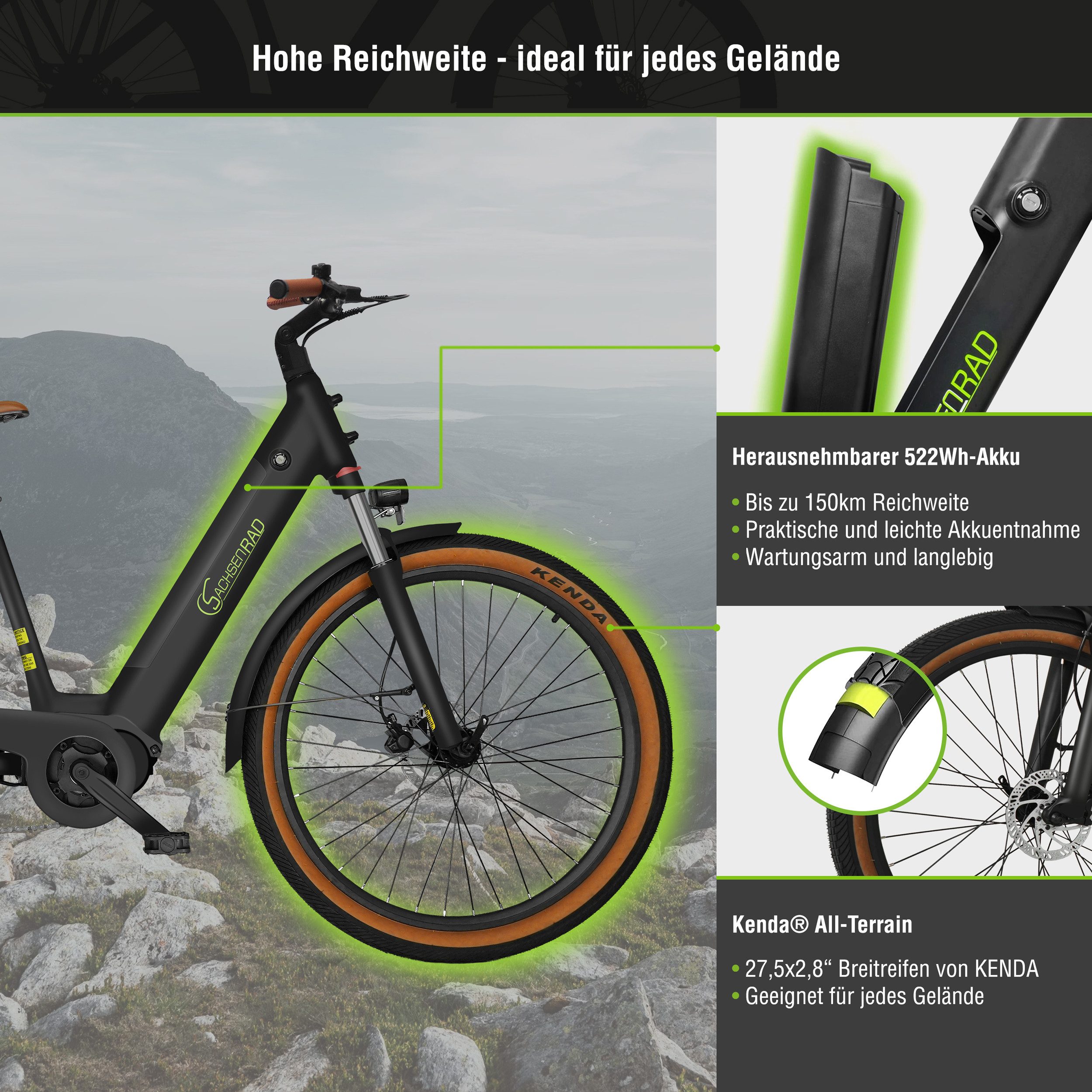 SachsenRAD E-Bike Cityrad C5 Centro II mit Diebstahlsicherung, 8 Gang Shimano, Kettenschaltung, Mittelmotor, 522 Wh