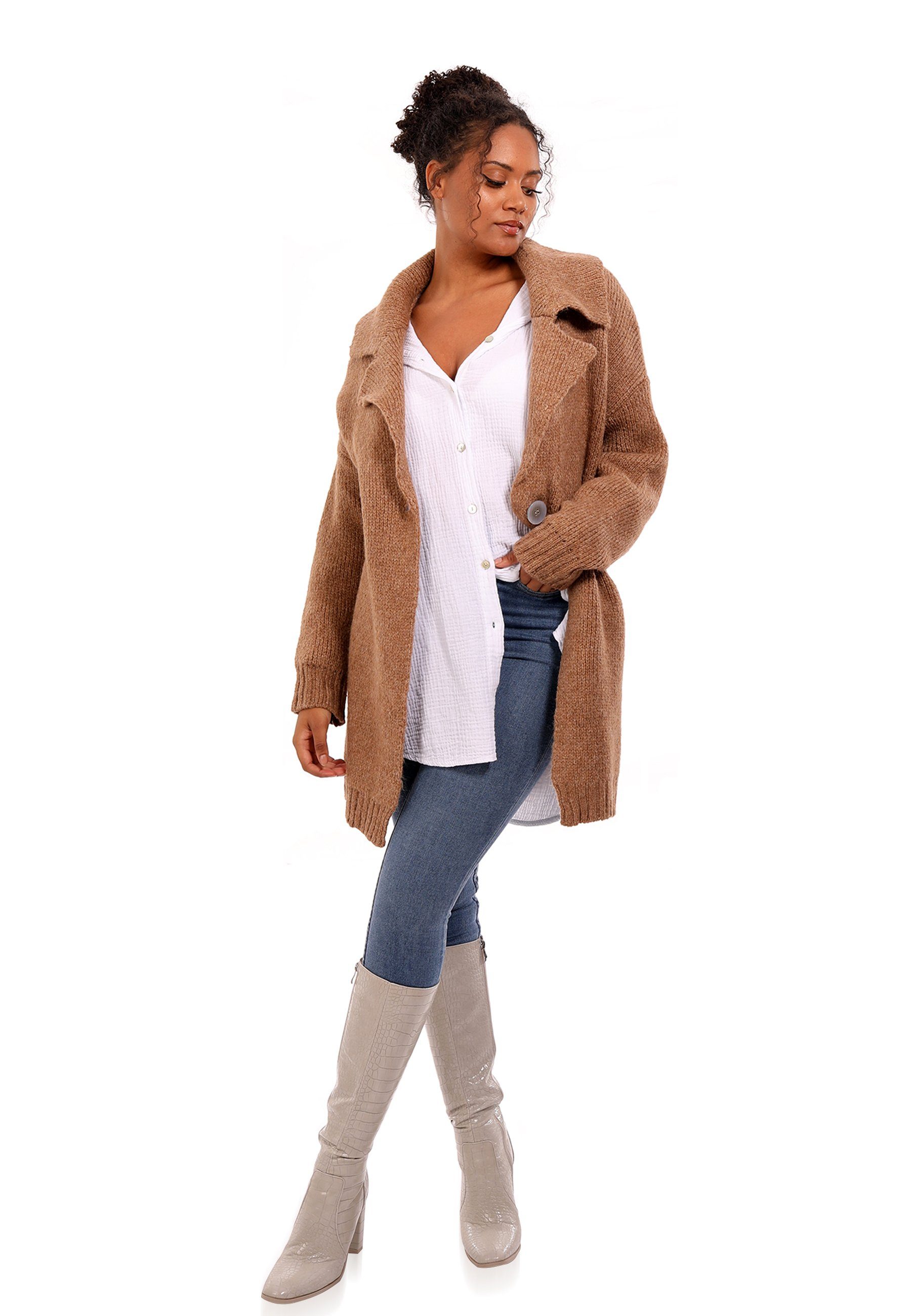 YC Fashion & Set, (Kein Basic Cardigan 1 Style Schalkragen One -tlg) Strickjacke latte Size mit