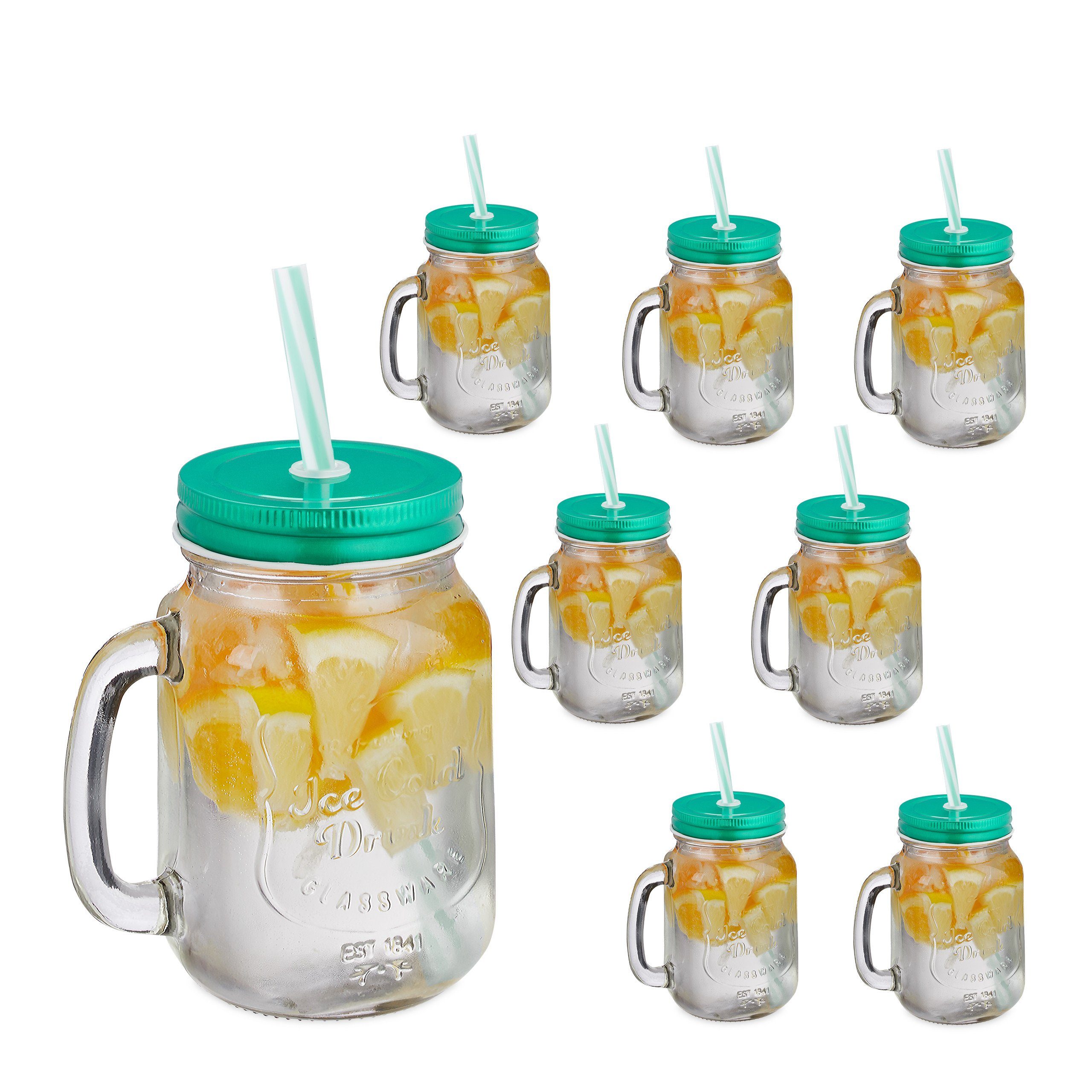 relaxdays Gläser-Set 8er Set Trinkgläser mit Deckel grün, Glas