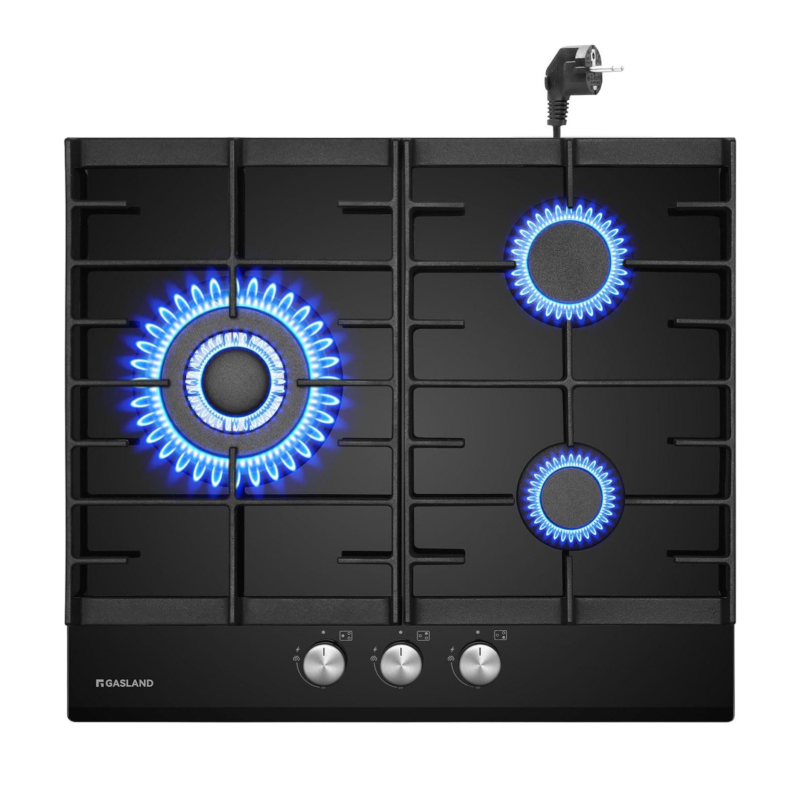 GASLAND Gas-Kochfeld GH603BF 60 cm Schwarz Glas Gaskochfeld, 6200 W Einbau Gaskochfeld mit EU Stecker, LPG/Erdgas