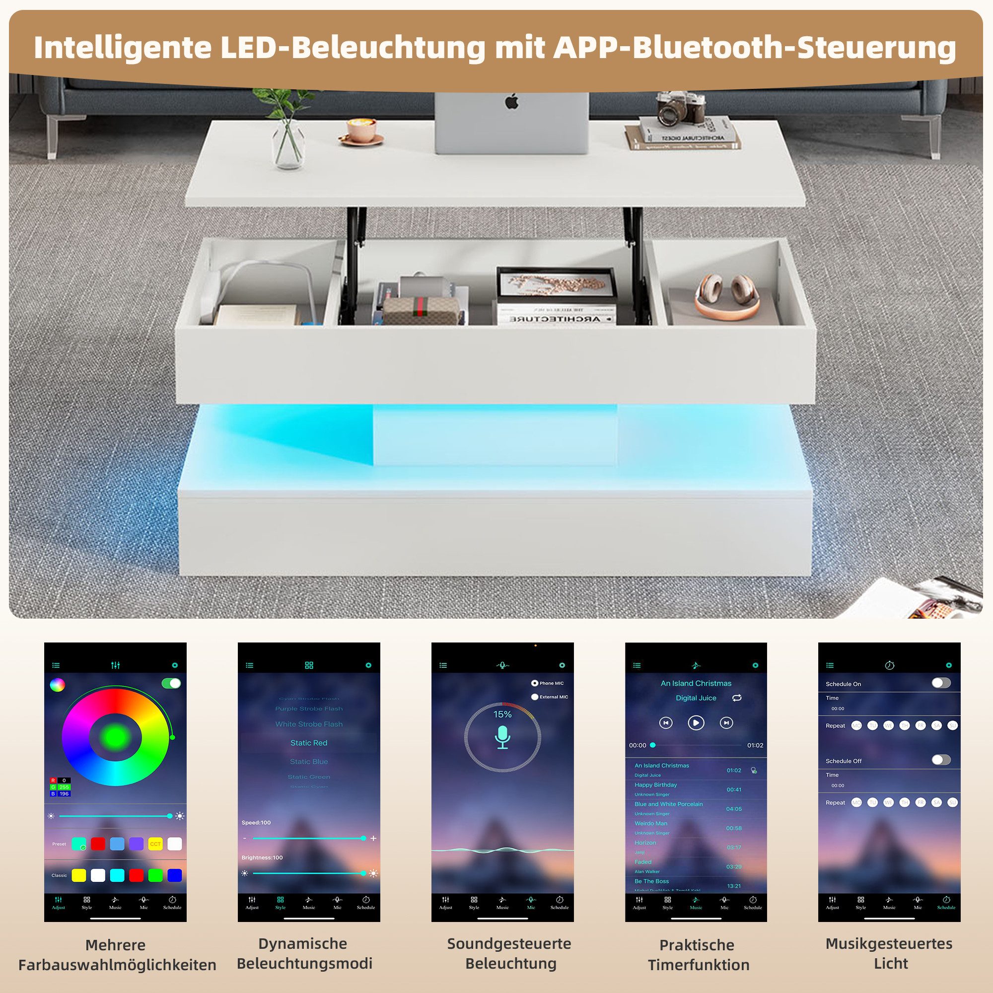 BlingBin Couchtisch Lift Teetisch mit LED-Beleuchtung und verstecktem Staur günstig online kaufen