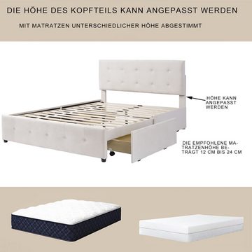 WISHDOR Polsterbett Doppelbett mit Schubladen, Lattenrost und Rückenlehne, (Beige 140X200CM ohne Matratze), Hautfreundliches Doppelbett aus Samtstoff für Erwachsene