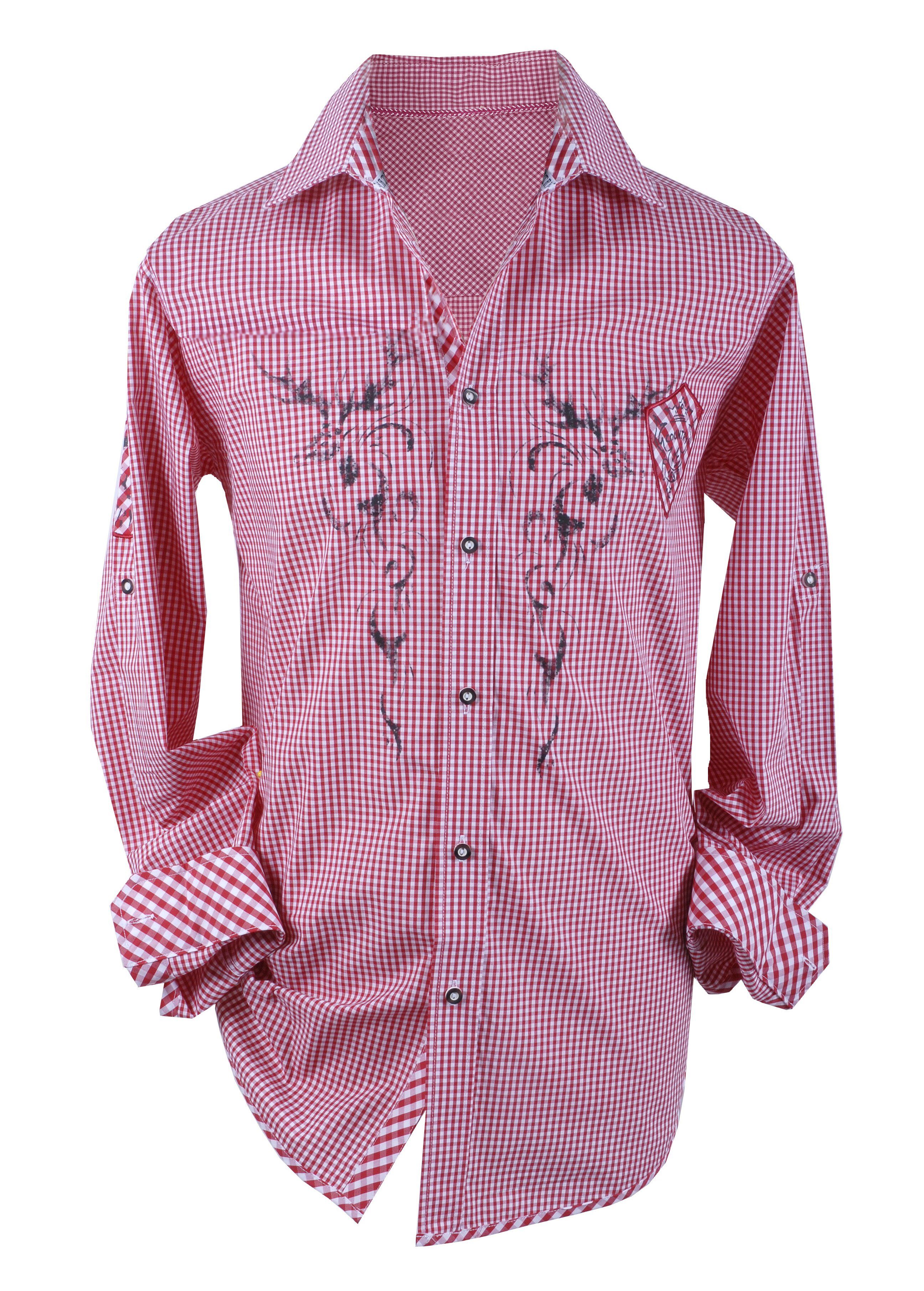 Moschen-Bayern Trachtenhemd Trachtenhemd Herren Edelweiß kariert Karo Hirsch Langarm Kurzarm Rot