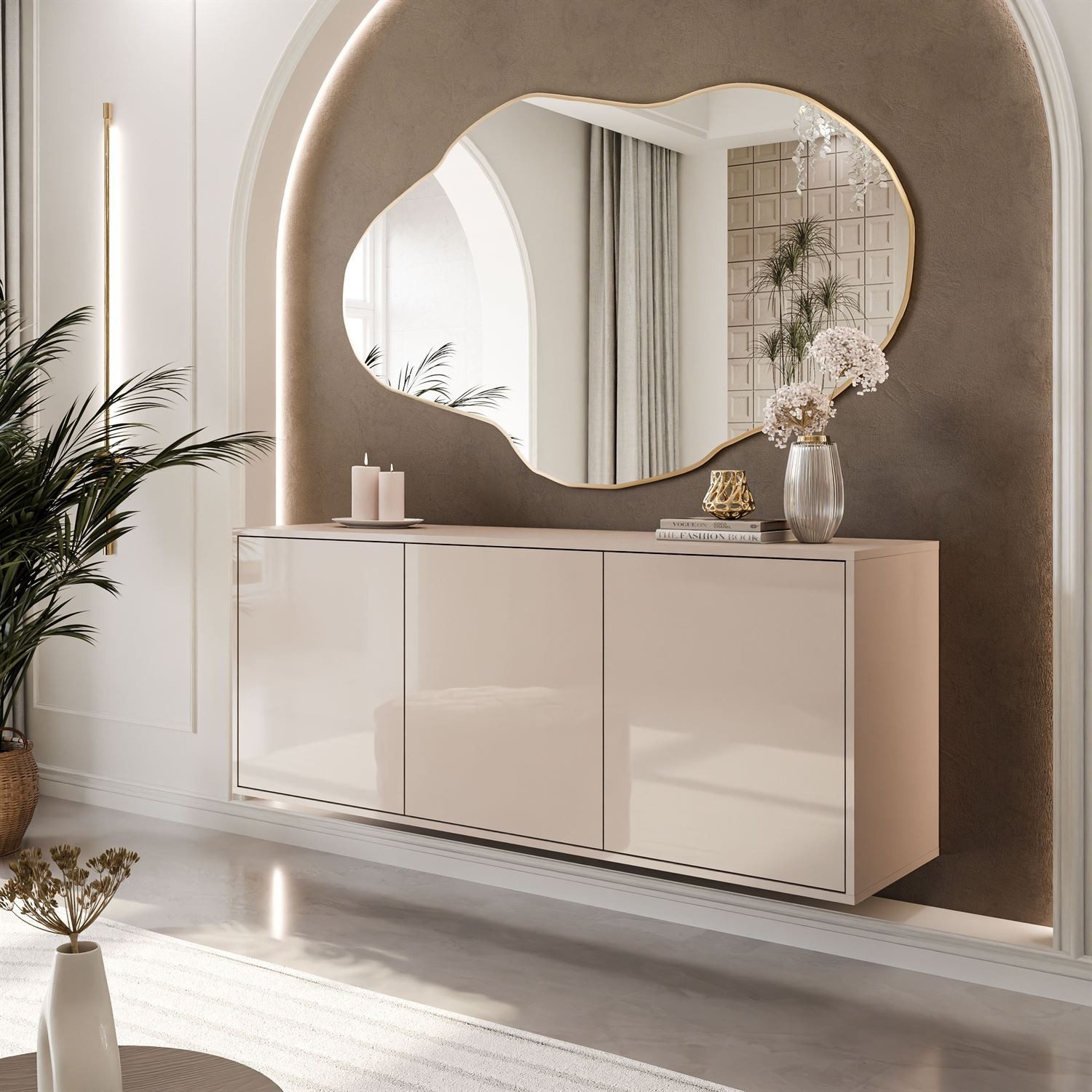 ALLHOUSE24 Kommode MANDY Dreitürige Kommode in Hochglanz Sideboard Kaschmir Weiß, Breite: 154 cm