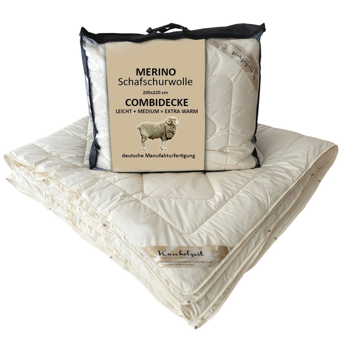 Meivita Naturhaarbettdecke Merino Vierjahreszeitendecke Combi Decke 4-Jahreszeitenbett, Füllung: 100% Merino Schafschurwolle, Bezug: 100% Baumwolle, Bettdecke Hergestellt in Deutschland