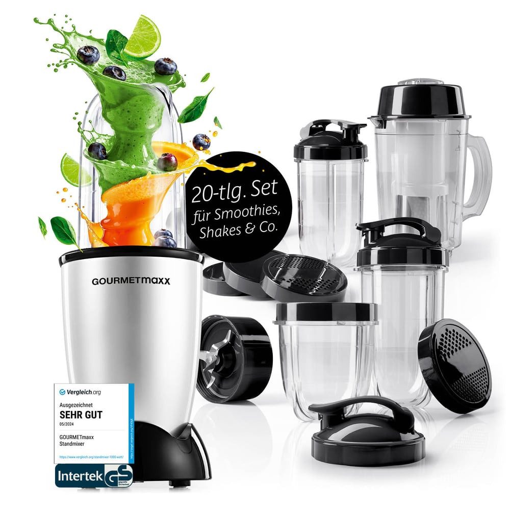 GOURMETmaxx Standmixer Mixer Mr. Magic 19-tlg. 400W silber/schwarz, 400 W, inkl. Zubehör-Set L rot Speisen Smoothies Getränke 4 Mixbecher To-Go