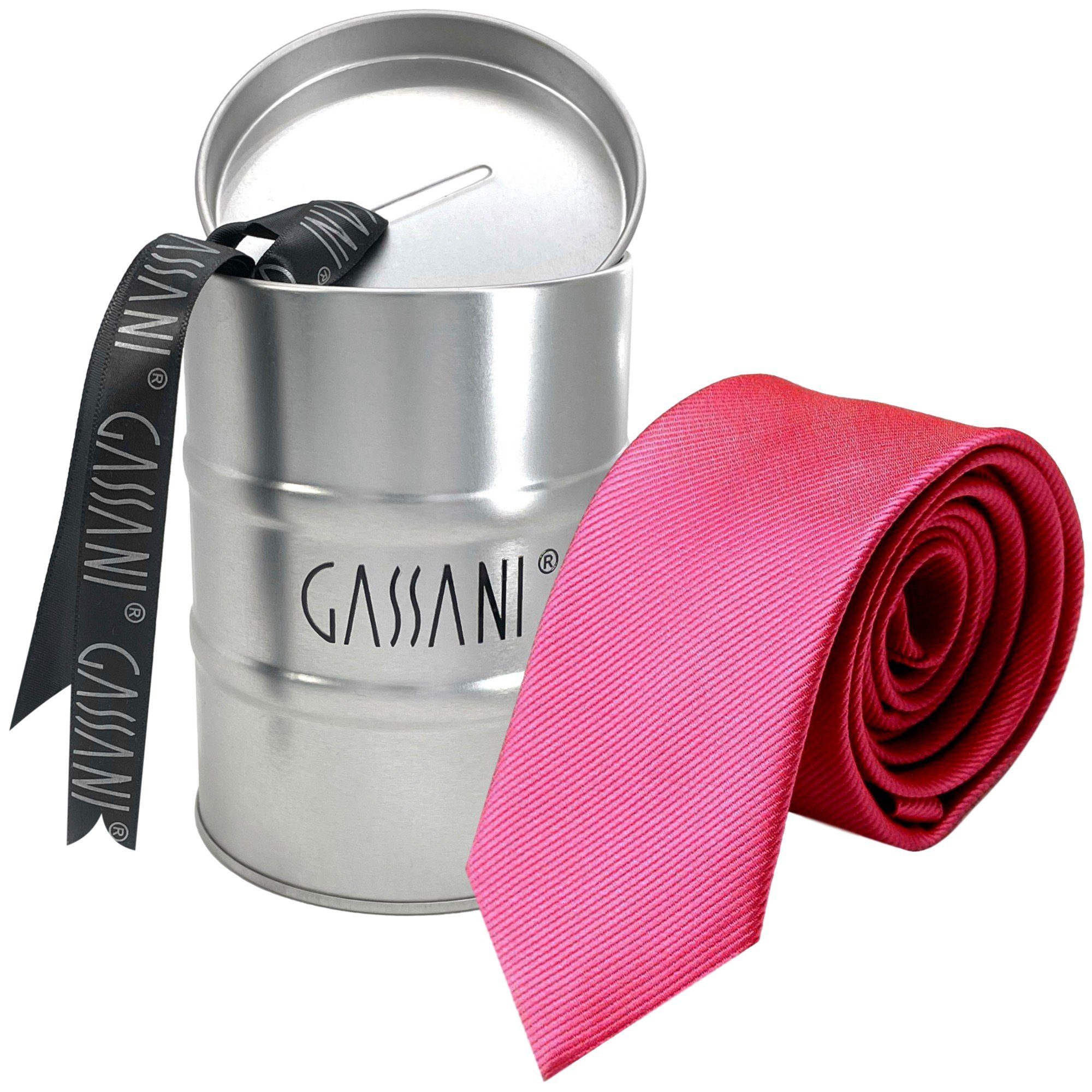 In Geschenk-Box 2-St., Dunkel-Rosa mit Schmale Blech-Spardose, Feine Streifen, Gestreifte Rose Seide-Touch (set, Krawatte Magenta Pink Rippen Dose Männer Geschenkverpackung) Herren-Krawatte Fuchsia-Rot Männer-Schlips Uni Slim-Fit Rips GASSANI Business-Krawatte,