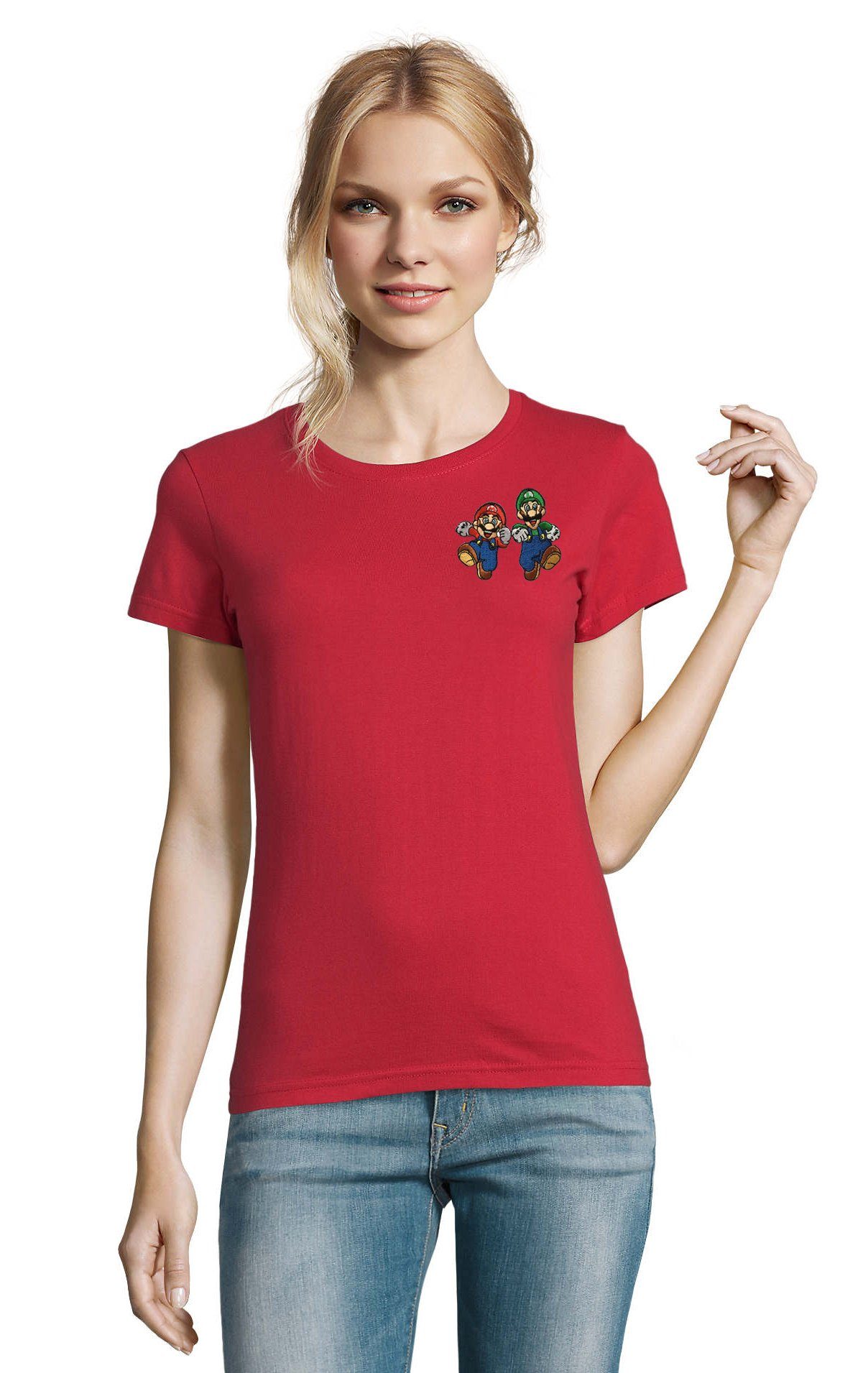 Blondie & Brownie T-Shirt Damen Mario & Luigi Brust Stick Yoshi Bowser Nintendo Gaming bestickt Rot