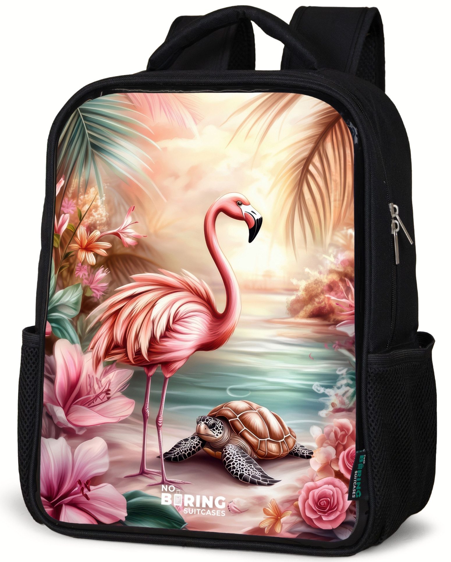 Rucksack Flamingo und Schildkröte an einem rosa Strand.