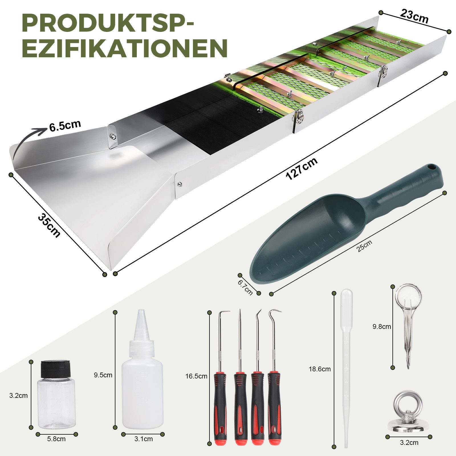 JOYOLEDER Metalldetektor Komplettes Goldwaschset, Tragbar Gold Waschanlage, Aluminiumlegierung, Goldwaschrinne Komplettset,18 Stück mit Faltschleusenkasten