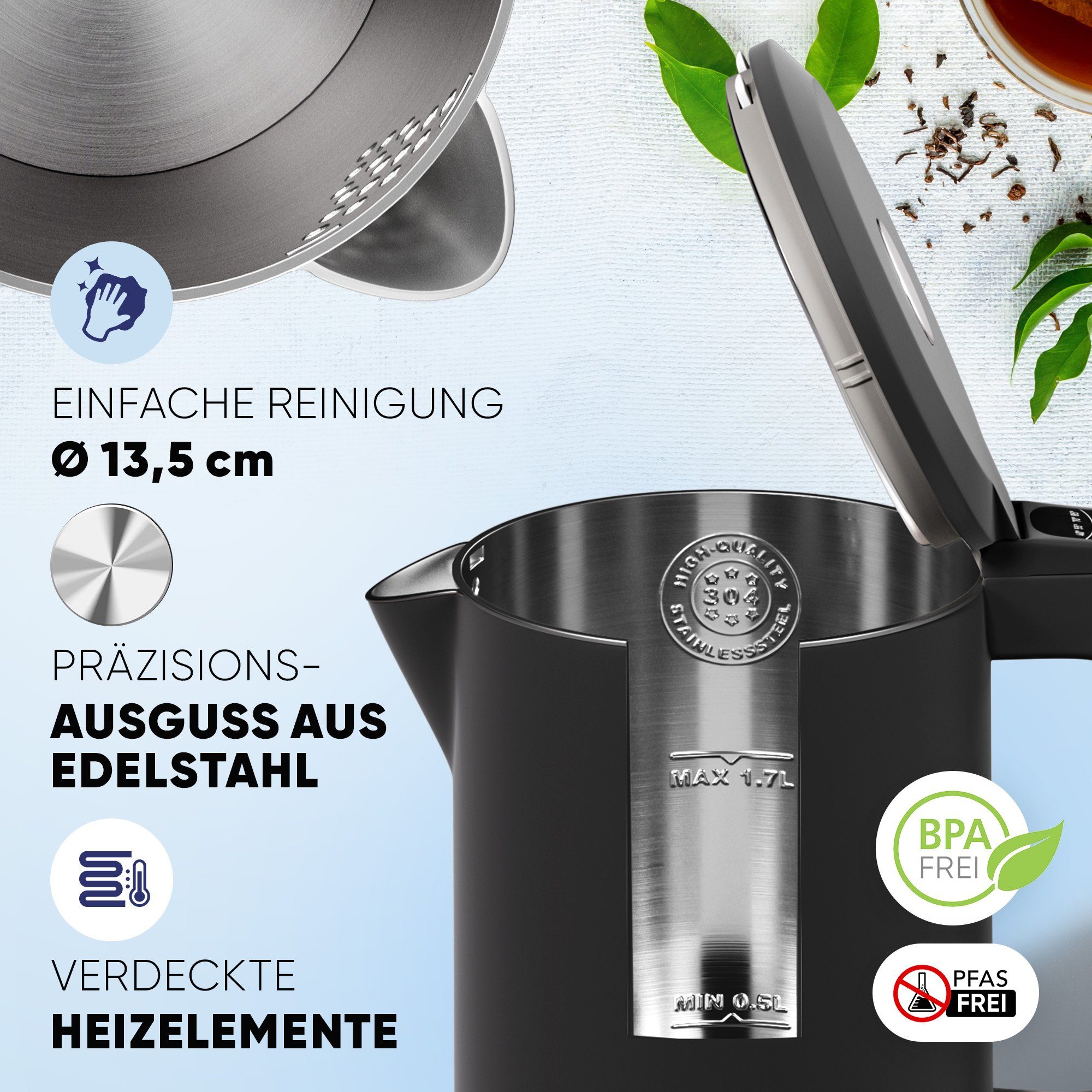 Aufkochen, Wasserkocher Schwarz 2200W, 1,7L, Temperatureinstellung, 12 Std. Wasserkocher Stillstern Schnelles 2200 Leise mit W, Warmhaltefunktion,