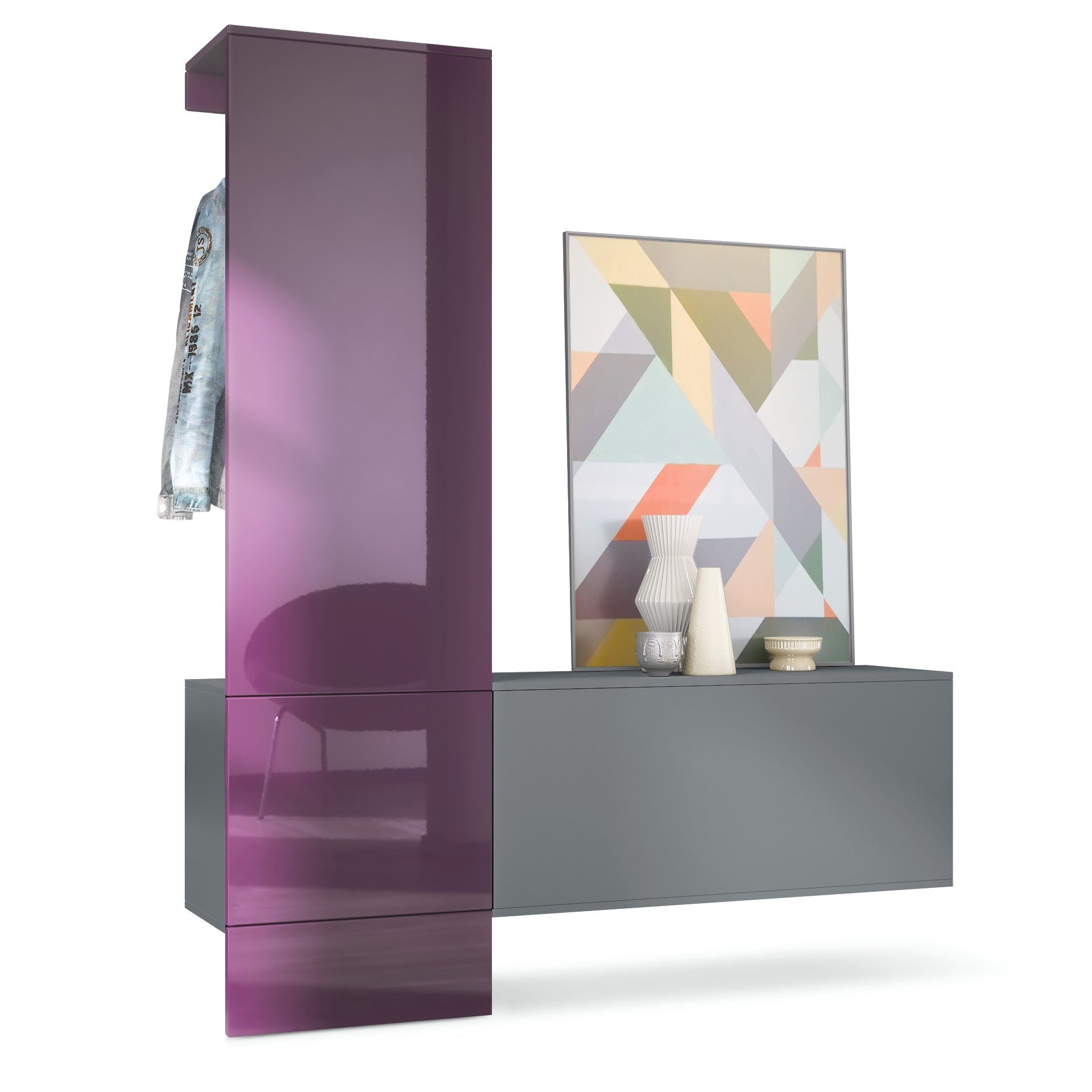 Vladon Garderoben-Set Carlton Set 4, (Wandgarderobe bestehend aus, 1 Paneel und 1 Schrankmodul), Anthrazit matt/Brombeer Hochglanz (156,5 x 193 x 35 cm)