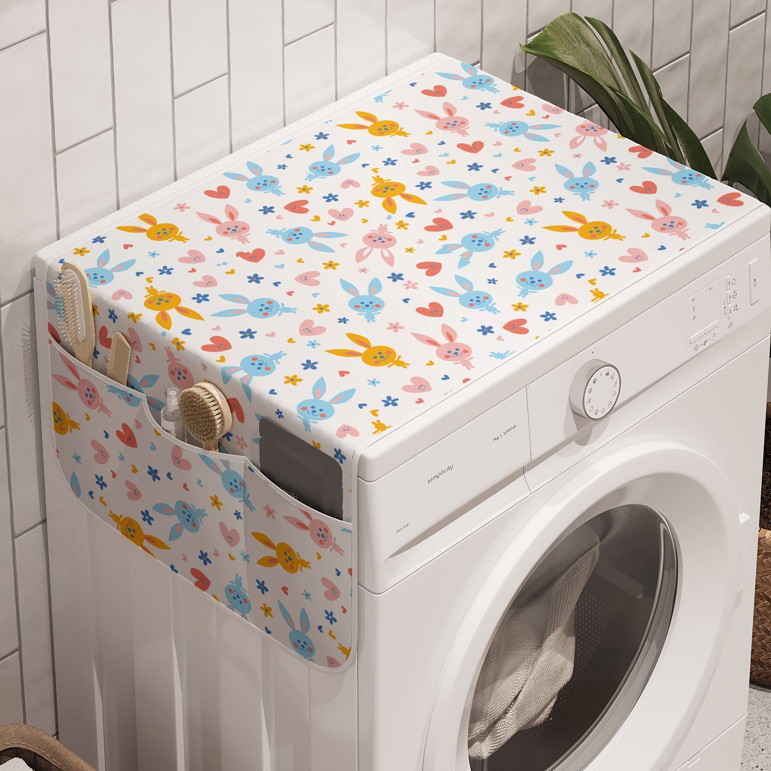Abakuhaus Badorganizer Anti-Rutsch-Stoffabdeckung für Waschmaschine und Trockner, Pastell Baby-Häschen-Blumen