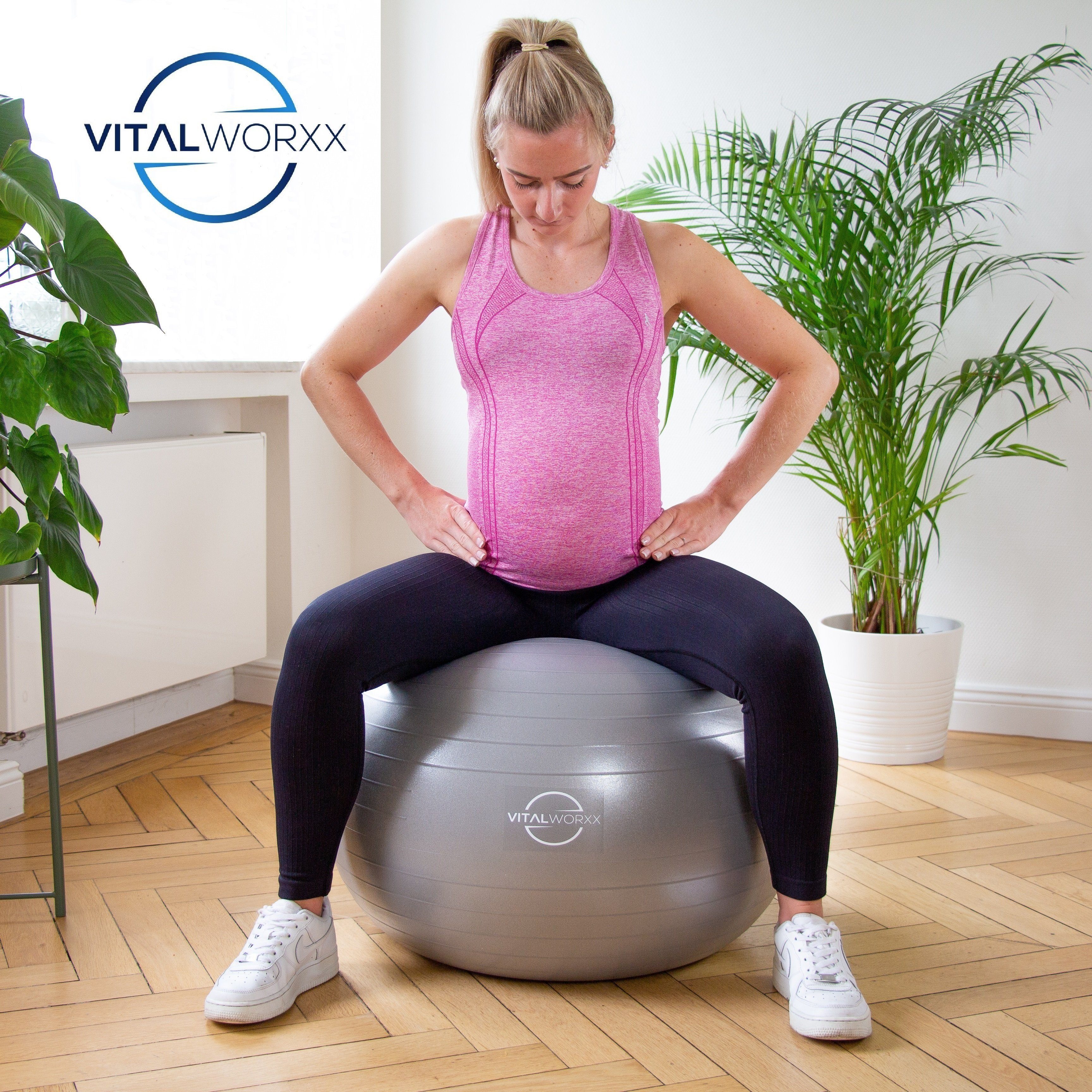 VITALWORXX Gymnastikball VITALWORXX Gymnastikball für Schwangere, extrem stabil, mit Pumpe, Hohe Materialstärke, Anti-Burst-System